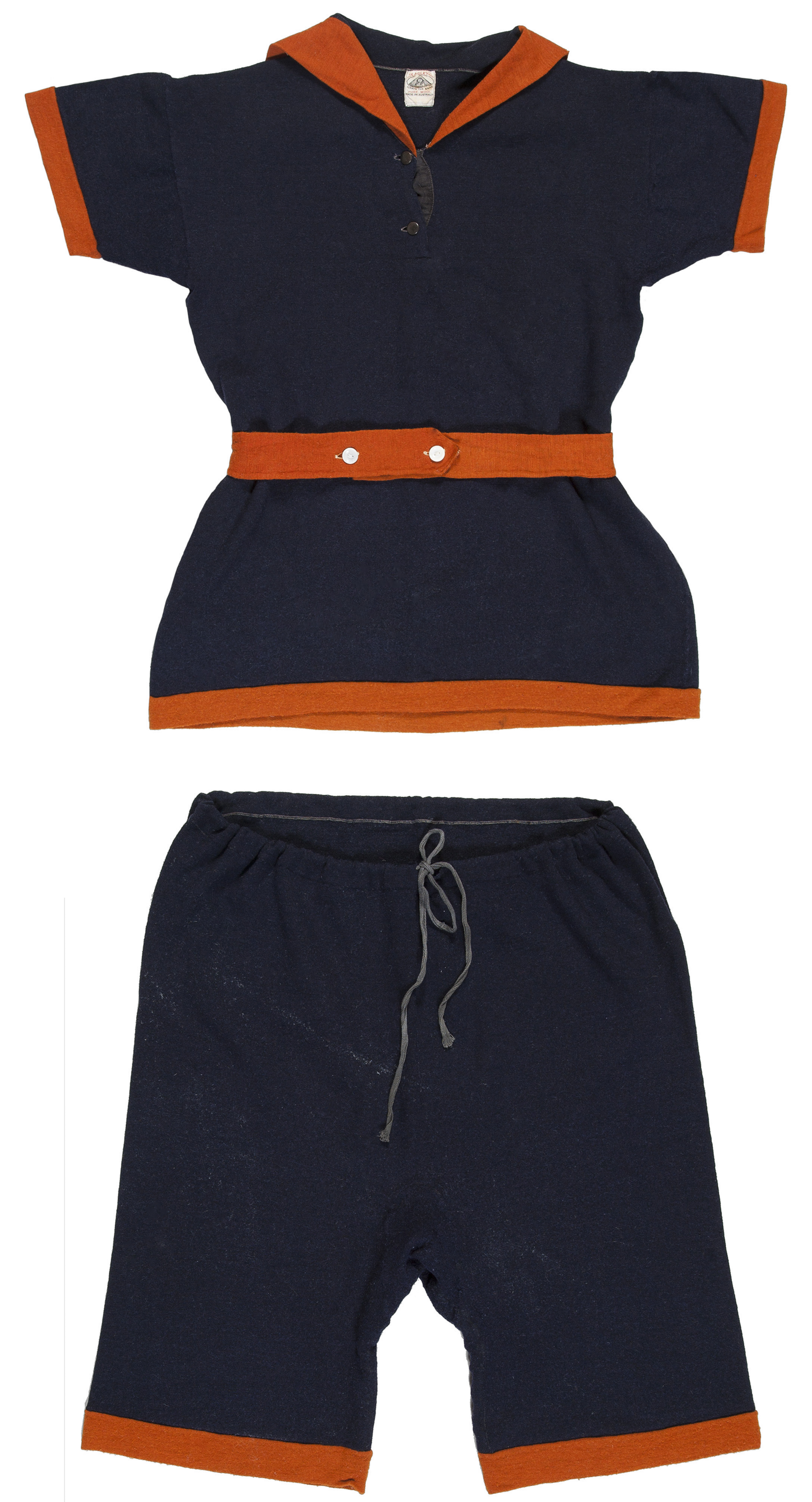 Navy 2 peice old fashioned swimwear with red trim