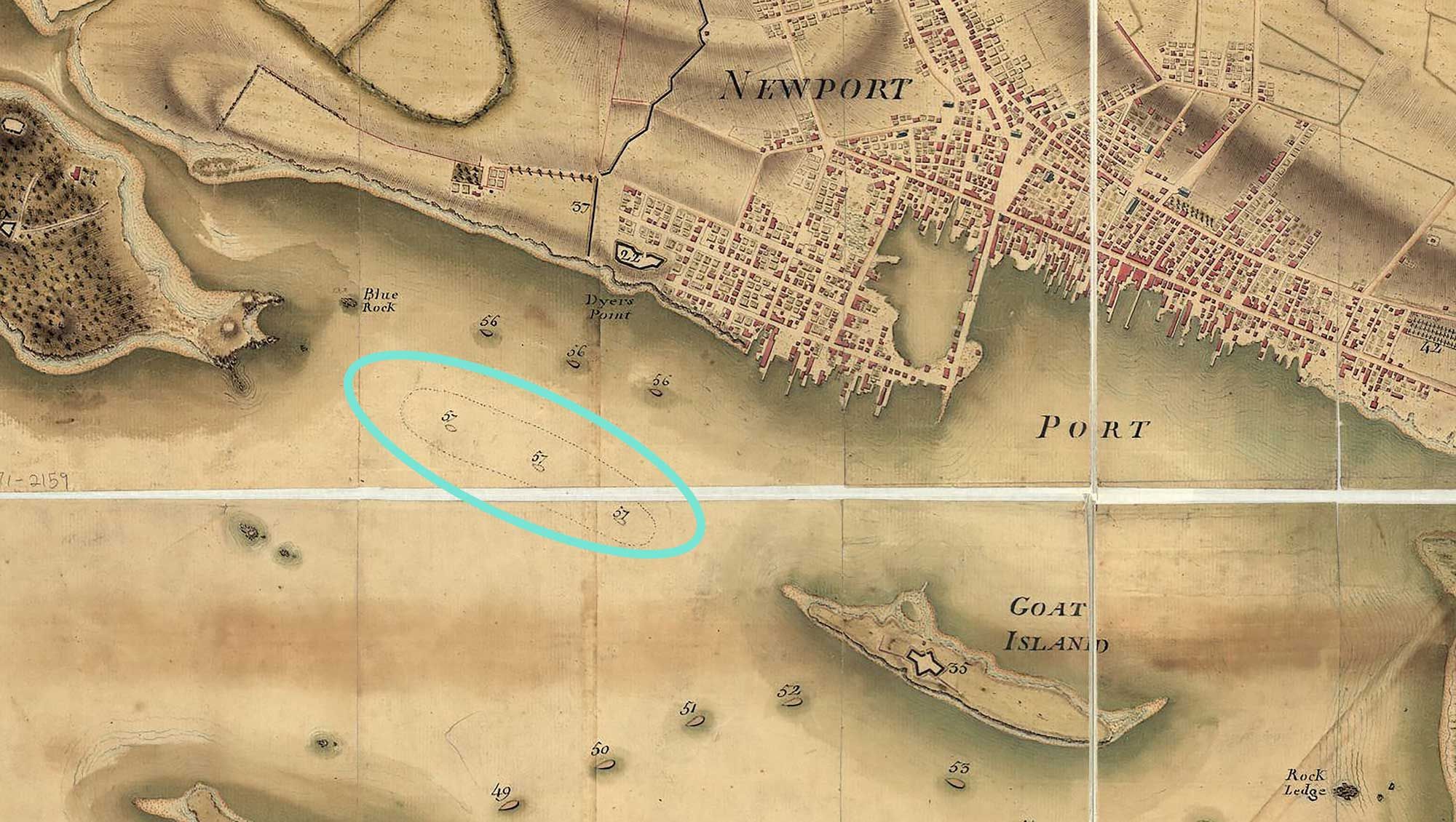 Section of French archival map entitled Prise de Newport par d'Estaing, 1778: 2. Embossage de Ternay à Newport, 1780, showing the location of the scuttled transports (including Lord Sandwich) between Goat Island and Newport’s North Battery.