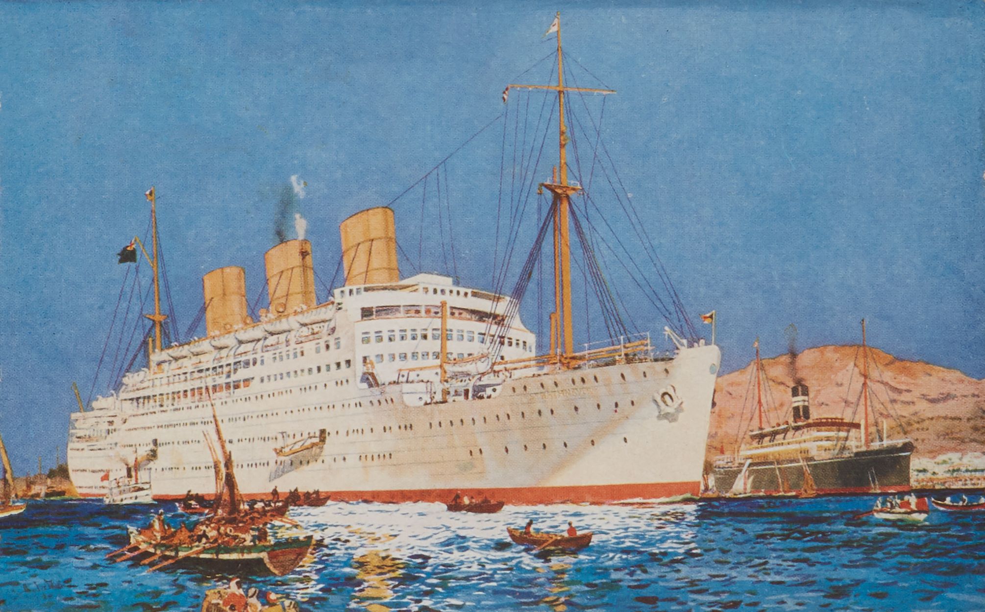 Illustration from a postcard of a large, white cruise ship surrounded by many smaller boats.