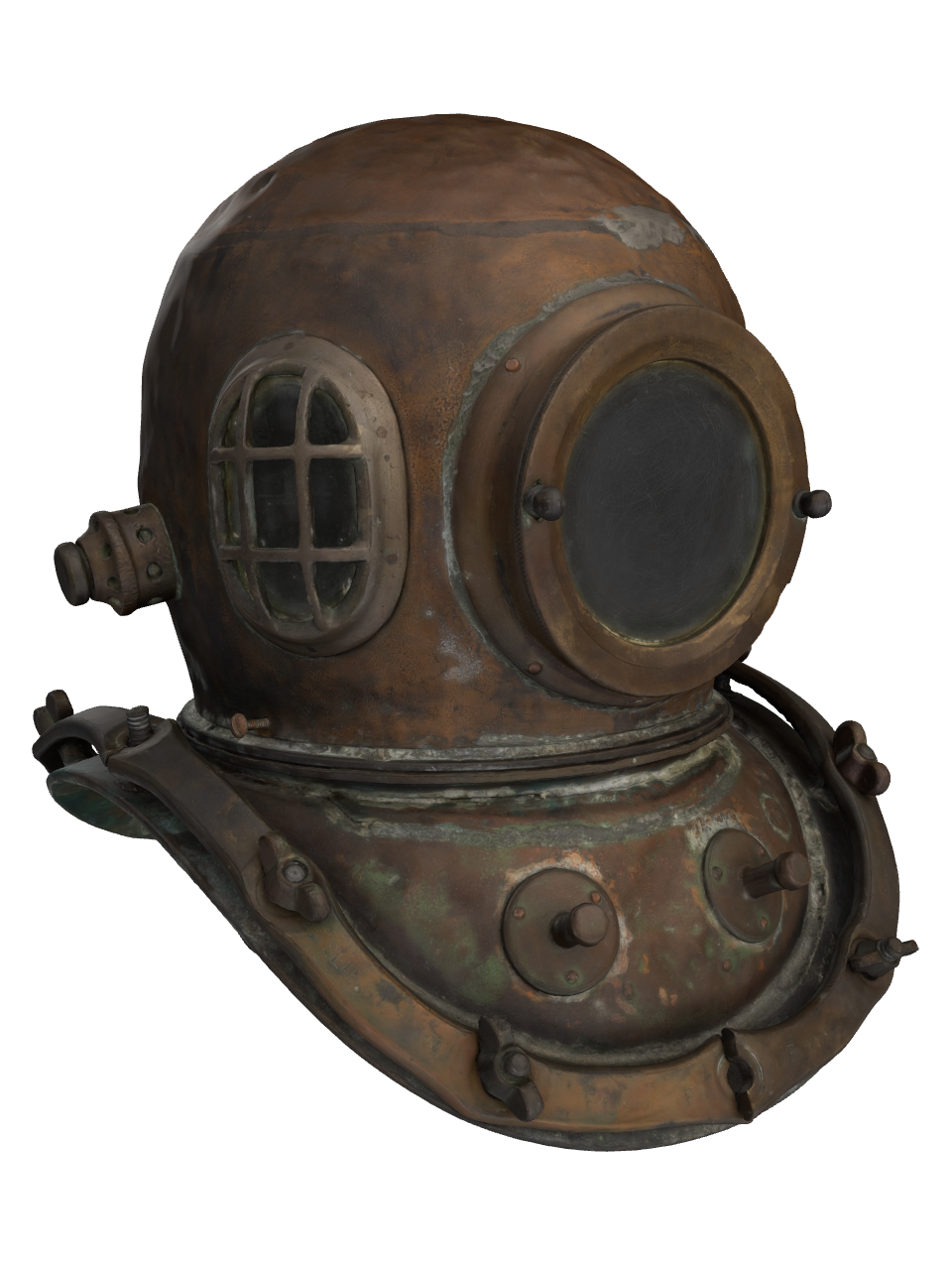 Screenshot of a 3D model of a diving helmet made out of bronze metal.