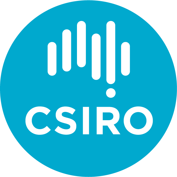 Logo, a light blue circle with white lines in the shape of Australia and the letters CSIRO