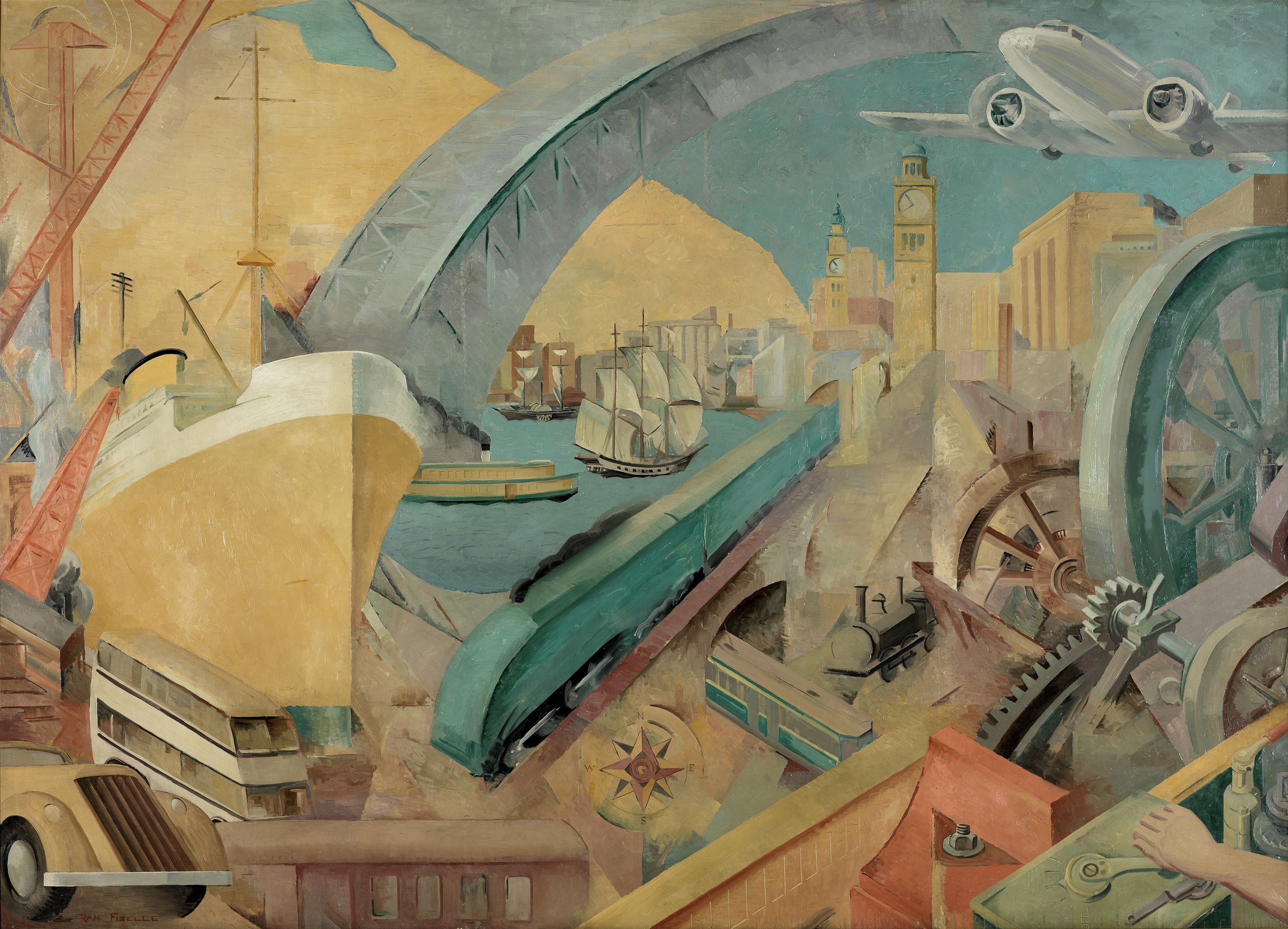 Painting in a modernist style showing different types of transport.