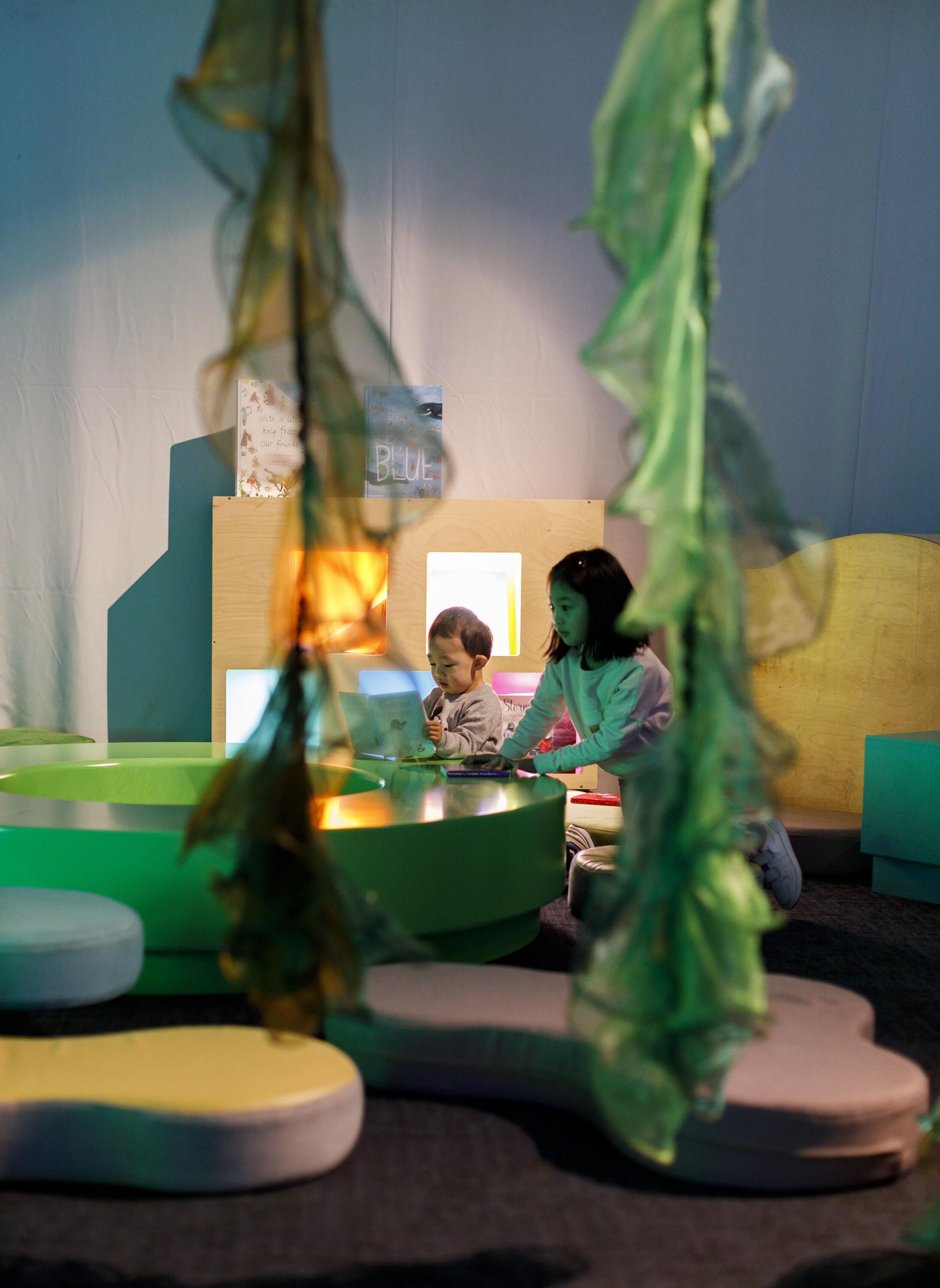 Photo taken of a dimly lit space, with 2 children reading and fabric seaweed hanging in front of the camera.