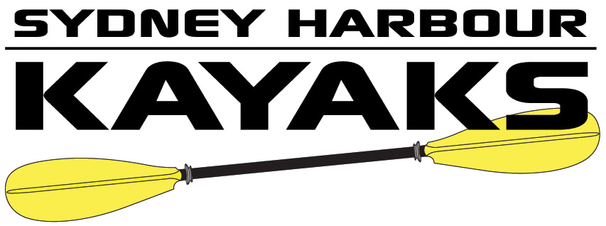 Logo for Sydney Harbour Kayaks, with black text and a yellow double ended paddle