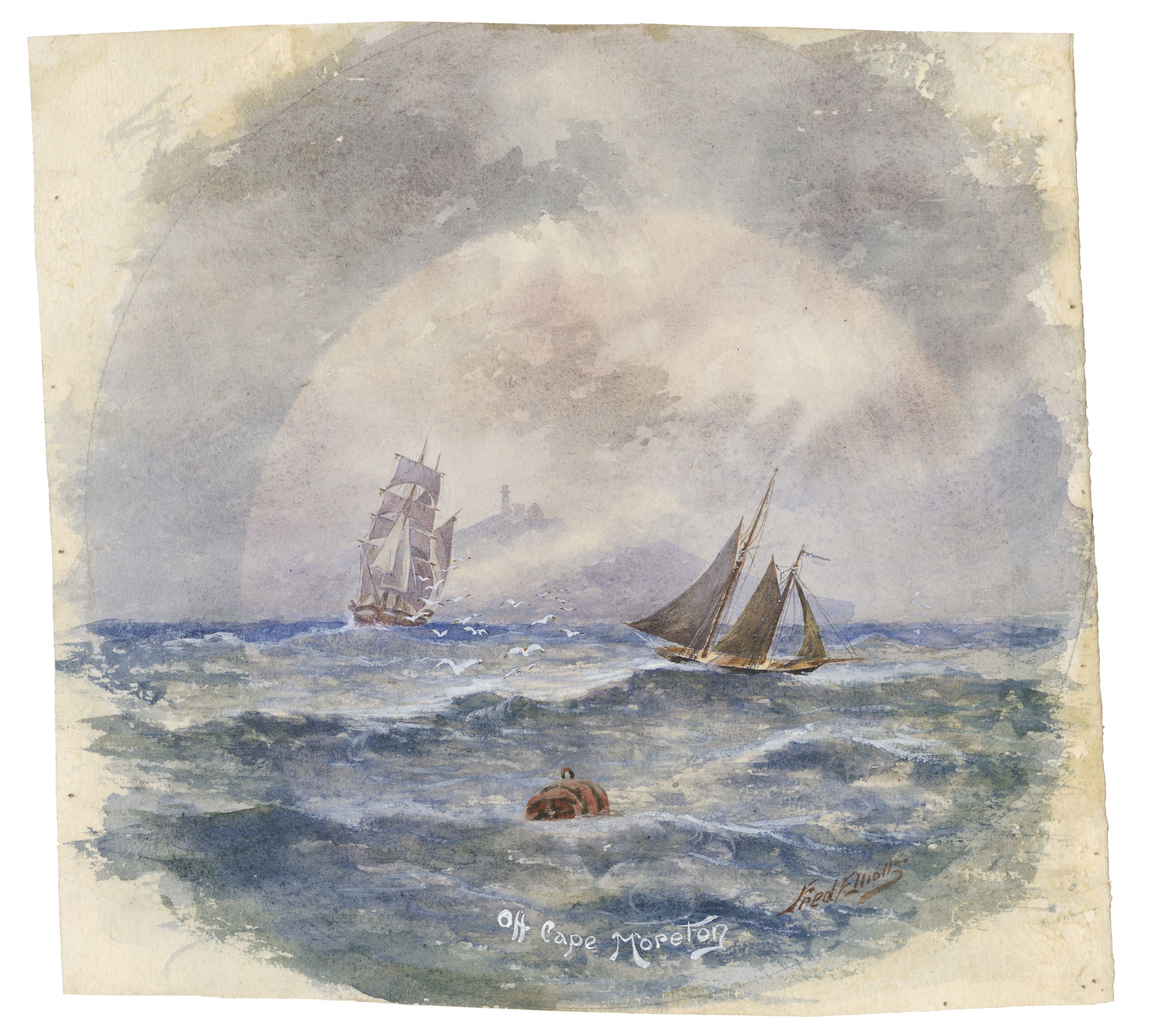 Watercolour artwork depicting 2 sailing ships at sea. 