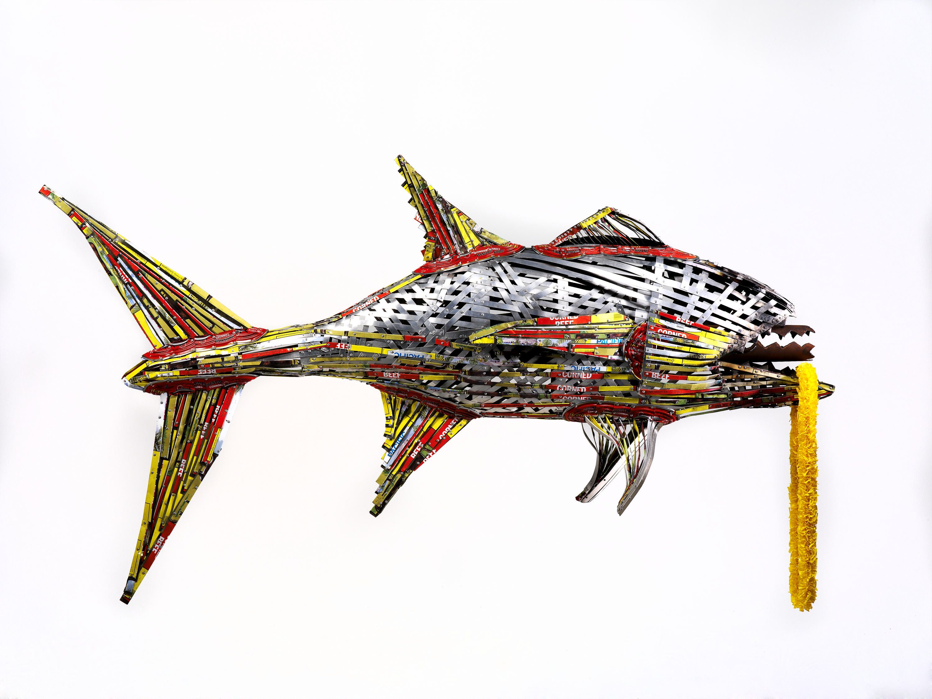 A photo of a contemporary sculpture of a fish fabricated from aluminium and tin, mostly silver with red and yellow strips.