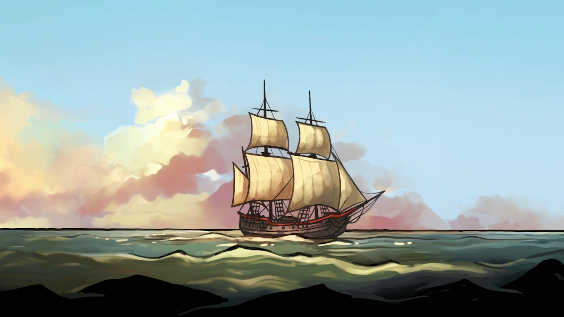 Illustration of a tall ship with white sails at sea