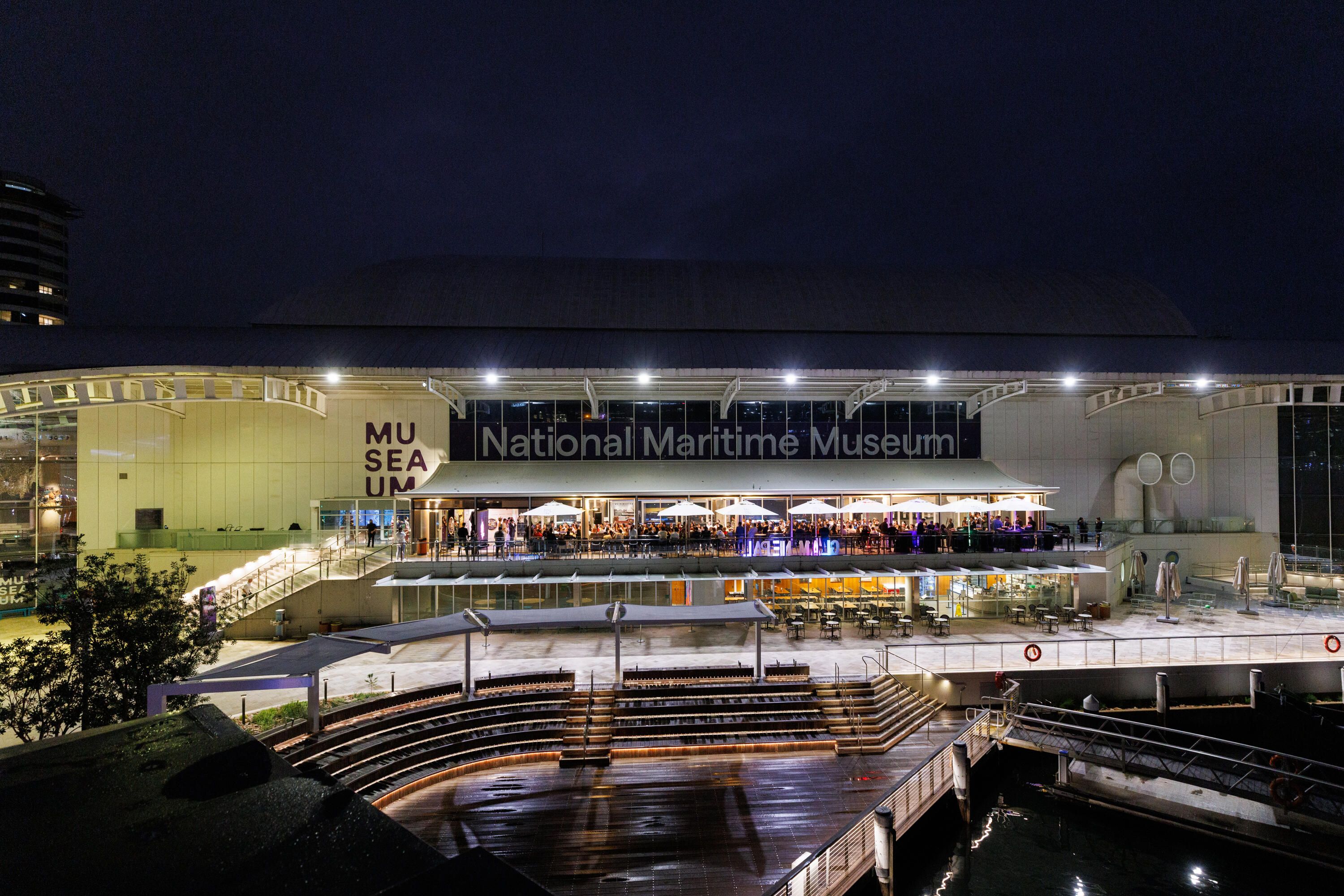 overhead photo of the museum waterfront at night.