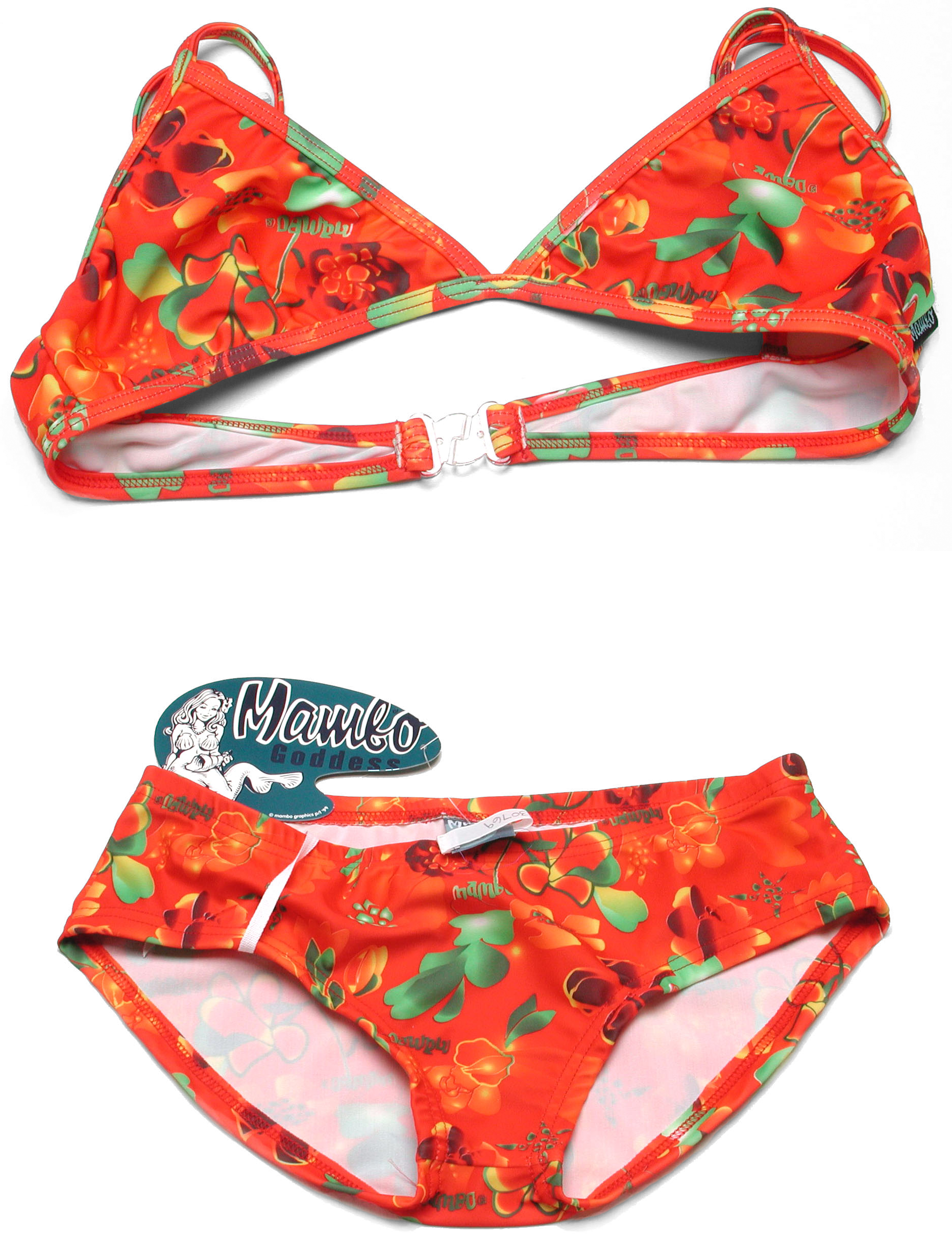 Orange patterened bikini with a tag that says Mambo