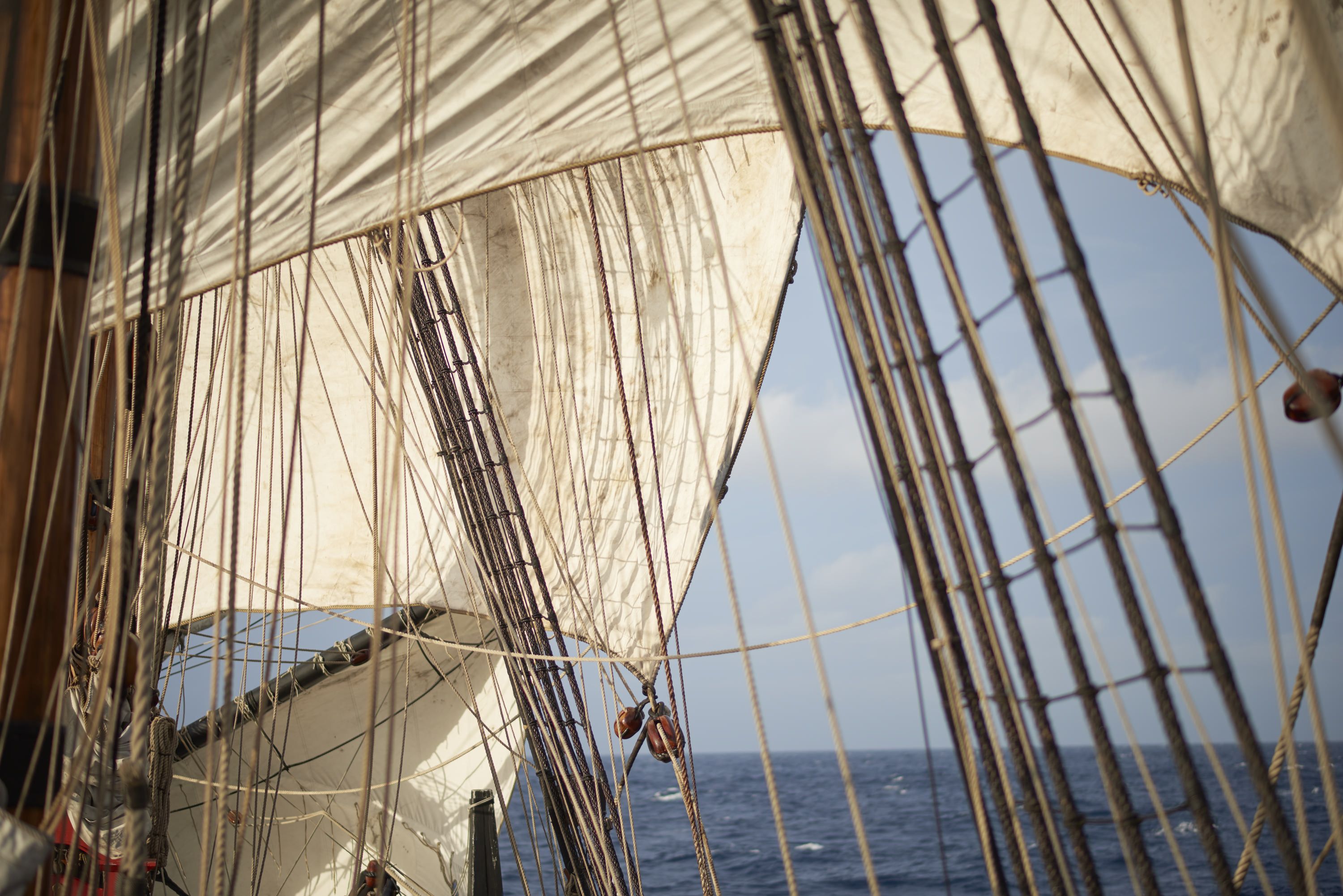 Photo showing tall ship sails and rigging with the ocean horizon in the background. 