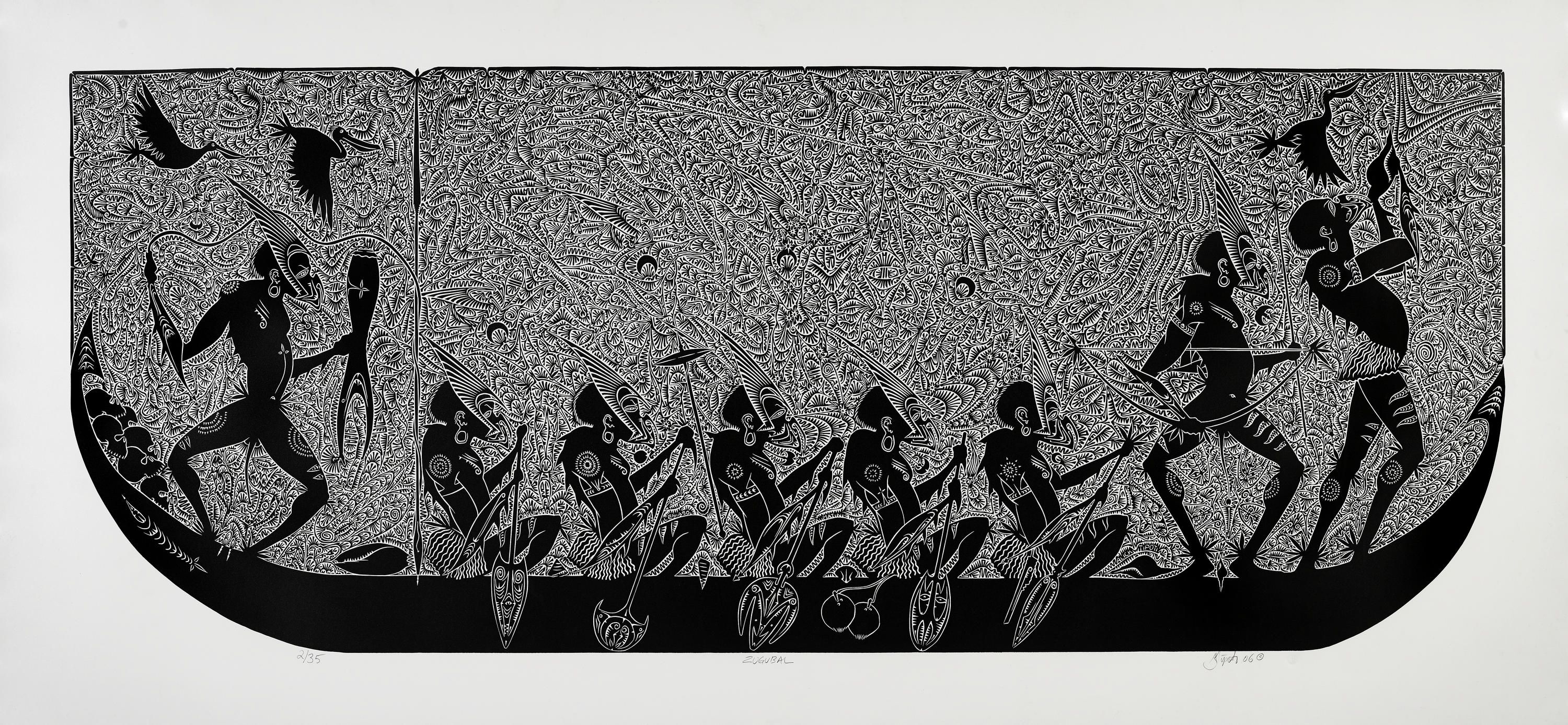 Single block print in black ink printed on white paper. It depicts eight masked men in a canoe. Three are standing, two at the bow and one at stern with five men seated in between. The background is an intricate pattern depicting foliage with a pelican flying near the bow.