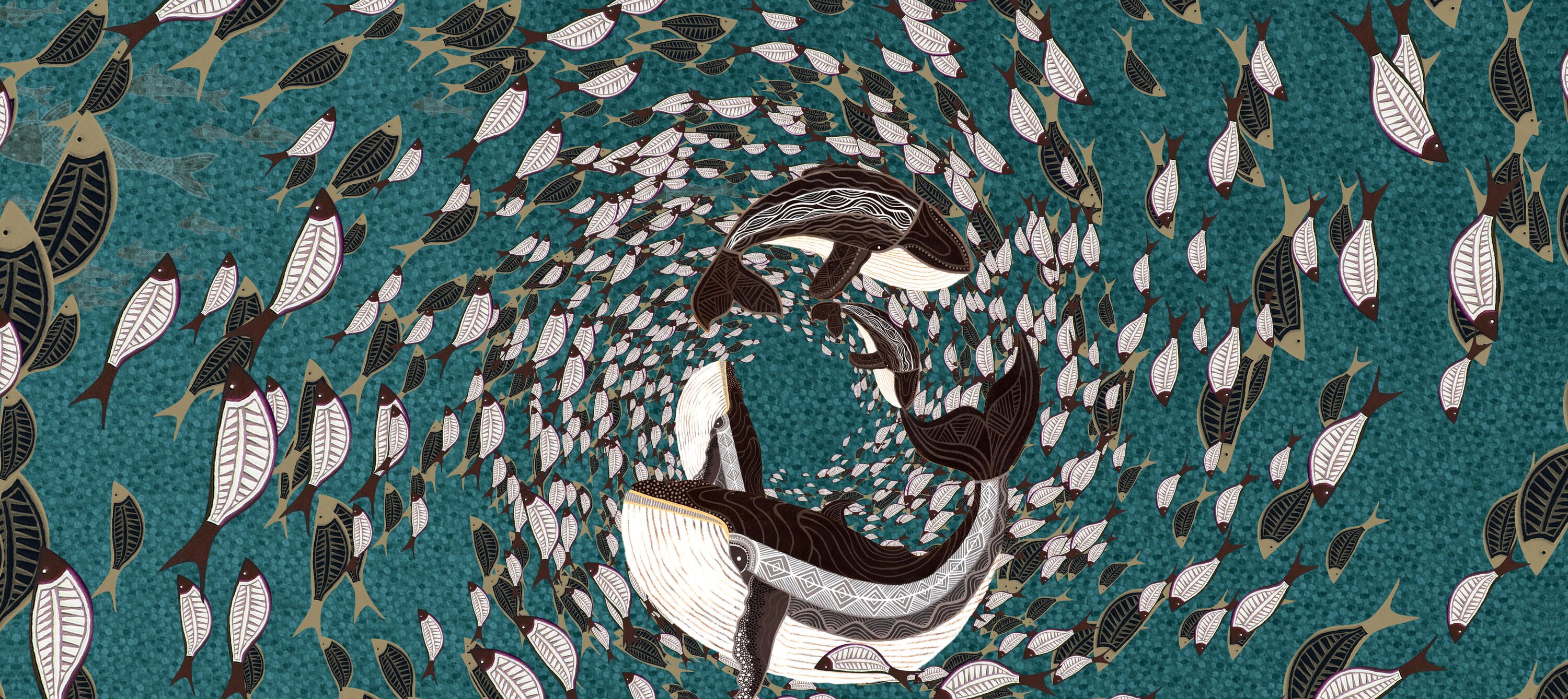 Illustration by a first nations artist showing whales and fish circling on a blue background