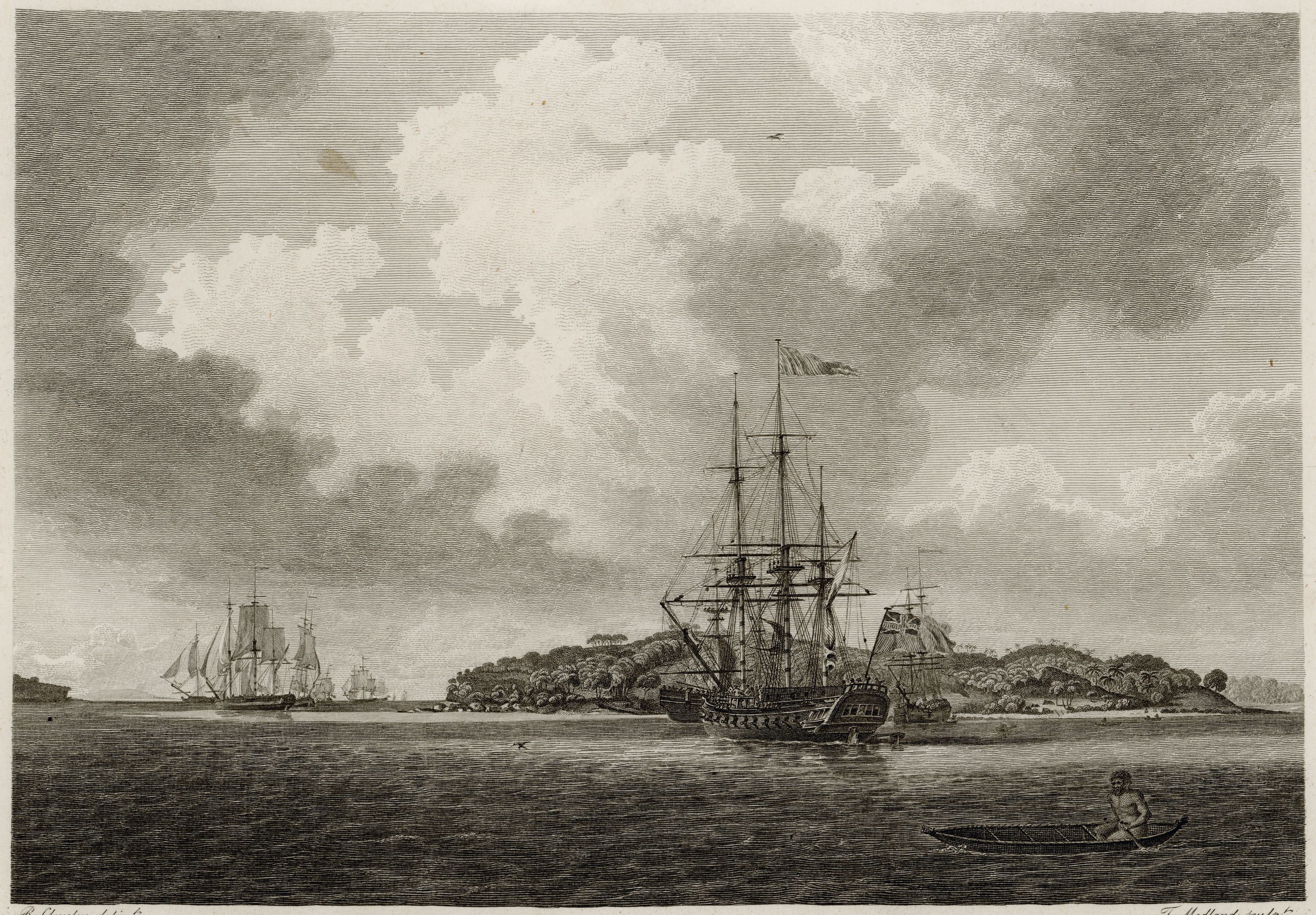 Black and while engraving on slightly yellowed paper showing two tall ships in a harbour. 