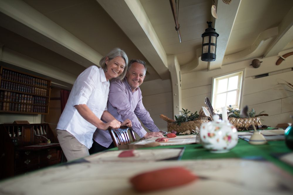 Mature aged couple in a cabin below decks on ENDEAVOUR.