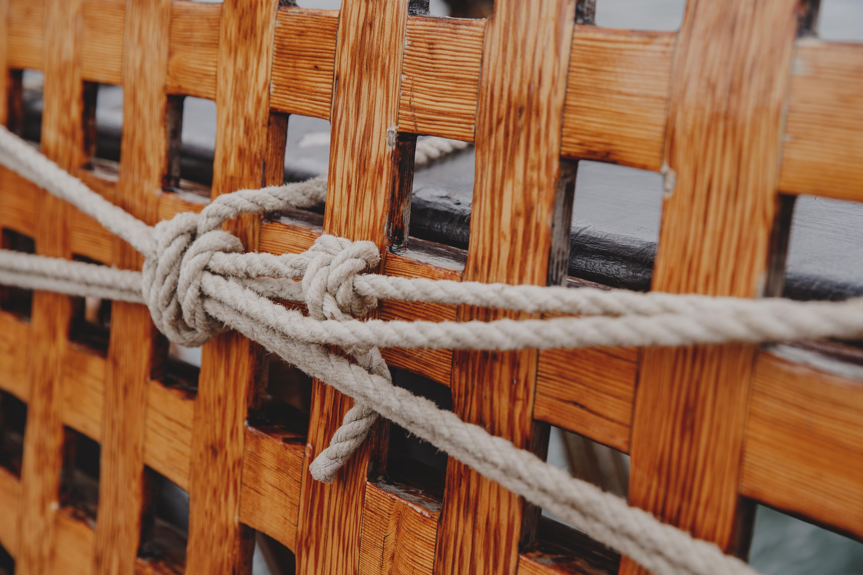 Close up photo showing a wooden lattice with rope tied across it.