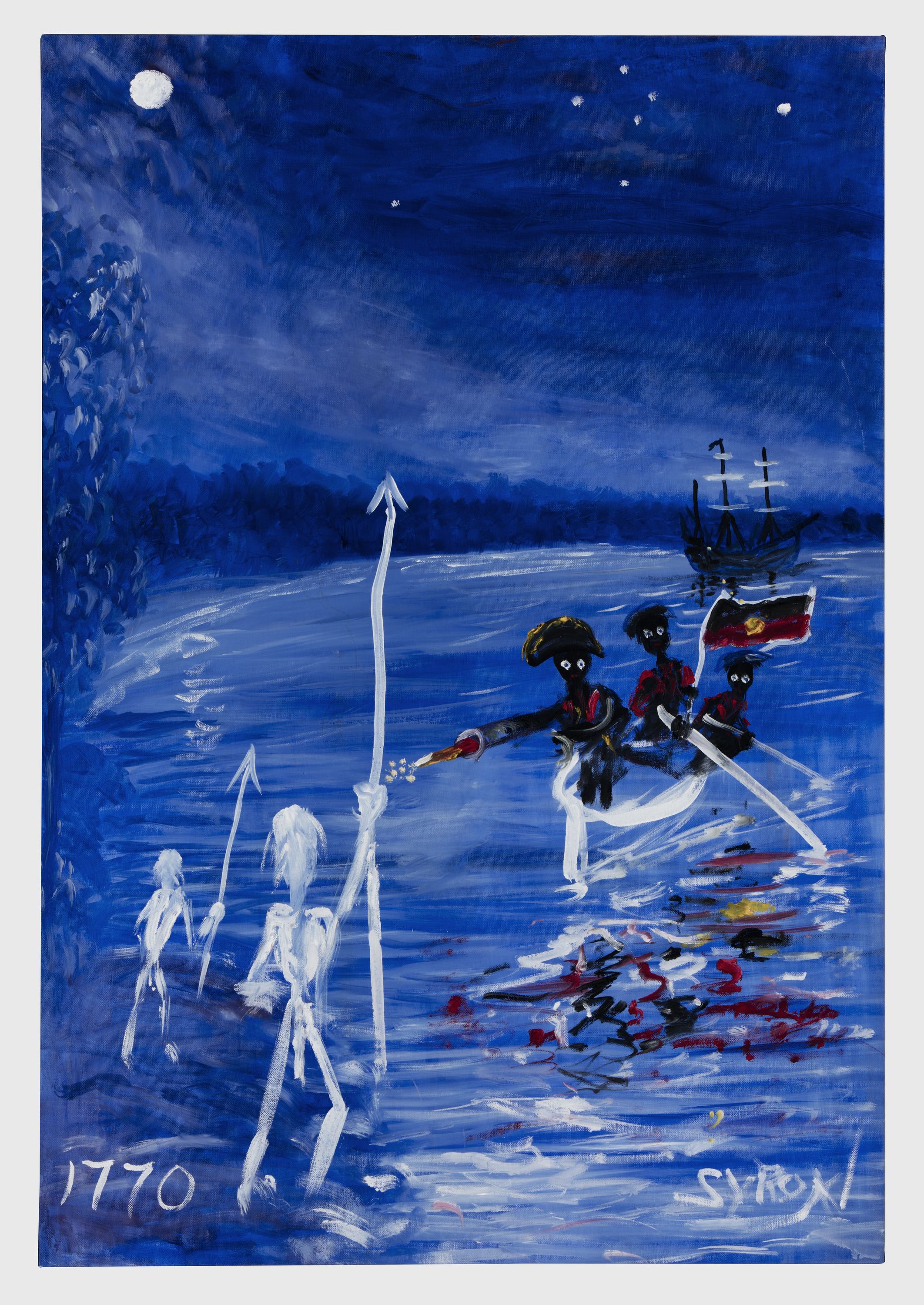 Painting depicts a small boat arriving in Botany Bay, at night, full of black soldiers wearing the Royal Navy military red coats and flying the Aboriginal flag, approaching shore and firing guns at the white people standing in the shallows.