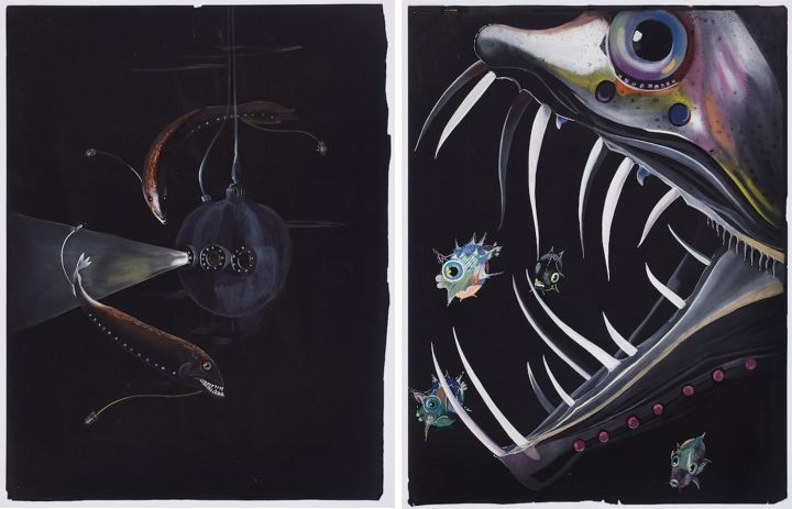 Image of 2 artworks, one showing large fish circling the Bathysphere and the second showing a large, tooth fish eating a smaller fish.