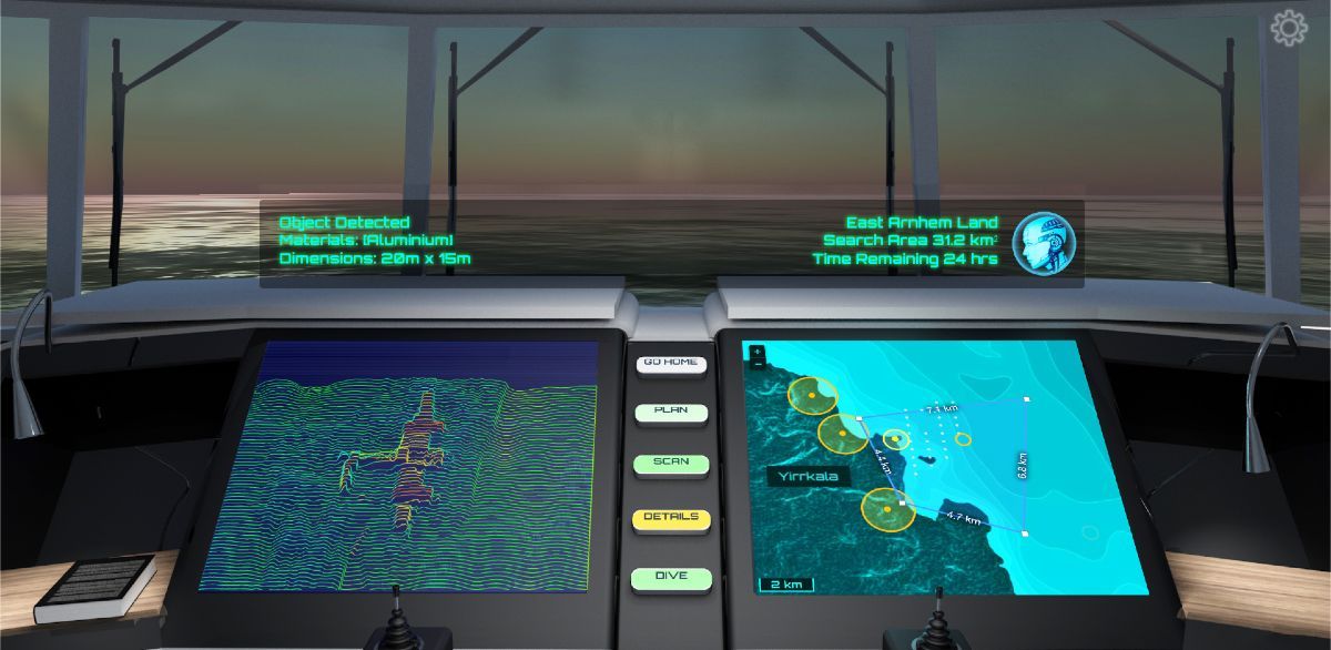 Screenshot from a video game, showing a boat interior with maps on screens, and a view across the ocean.
