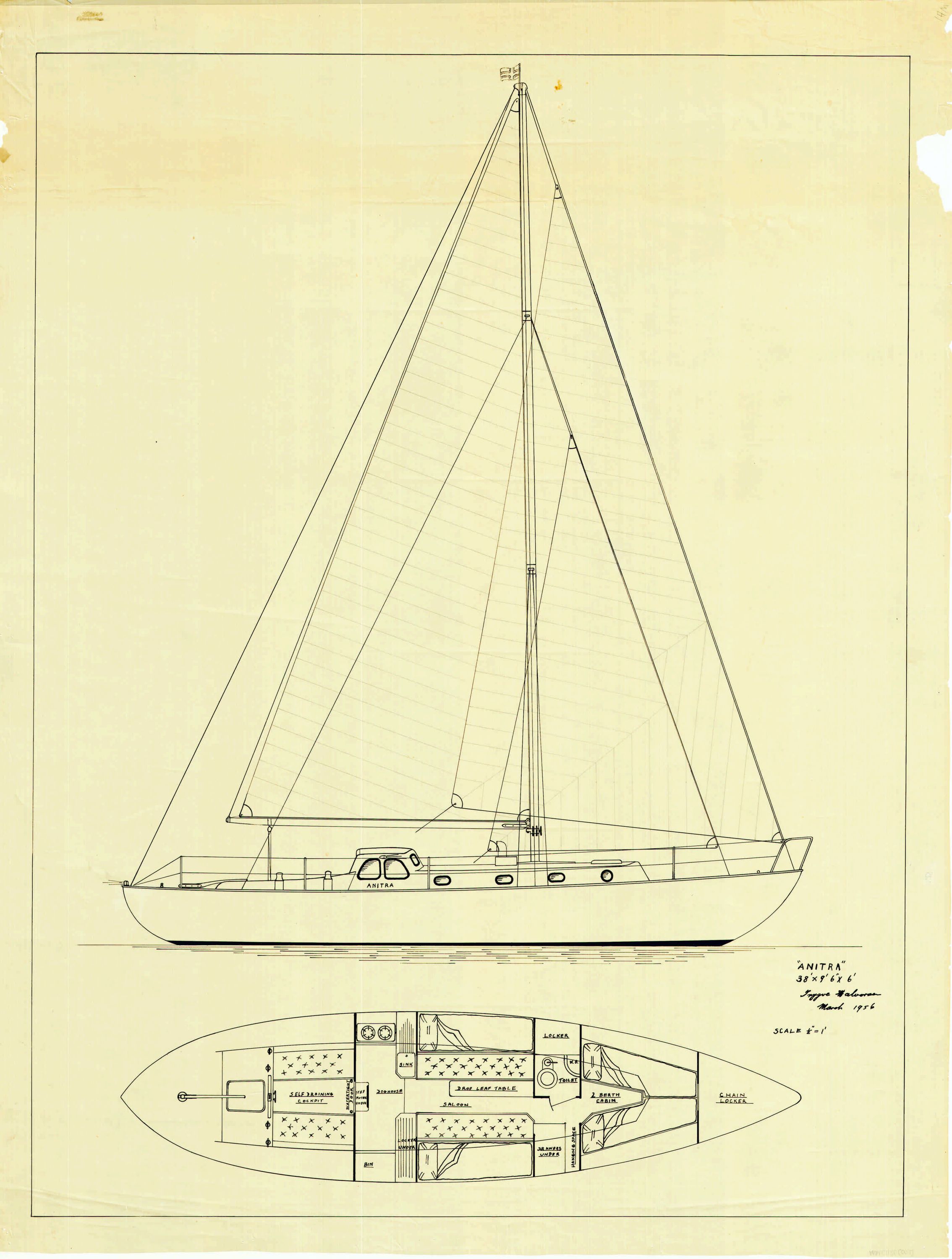 Hand drawn ink sketch on yellow paper consisting of outboard profile and below deck plan of a ship. 