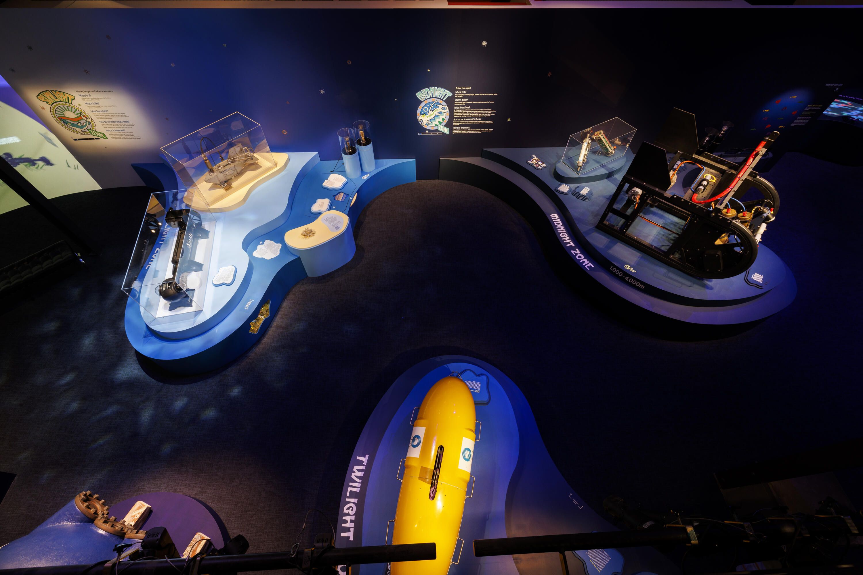 Overhead photo of an exhibition space taken from above, showing curved display plinths containing objects under spotlights