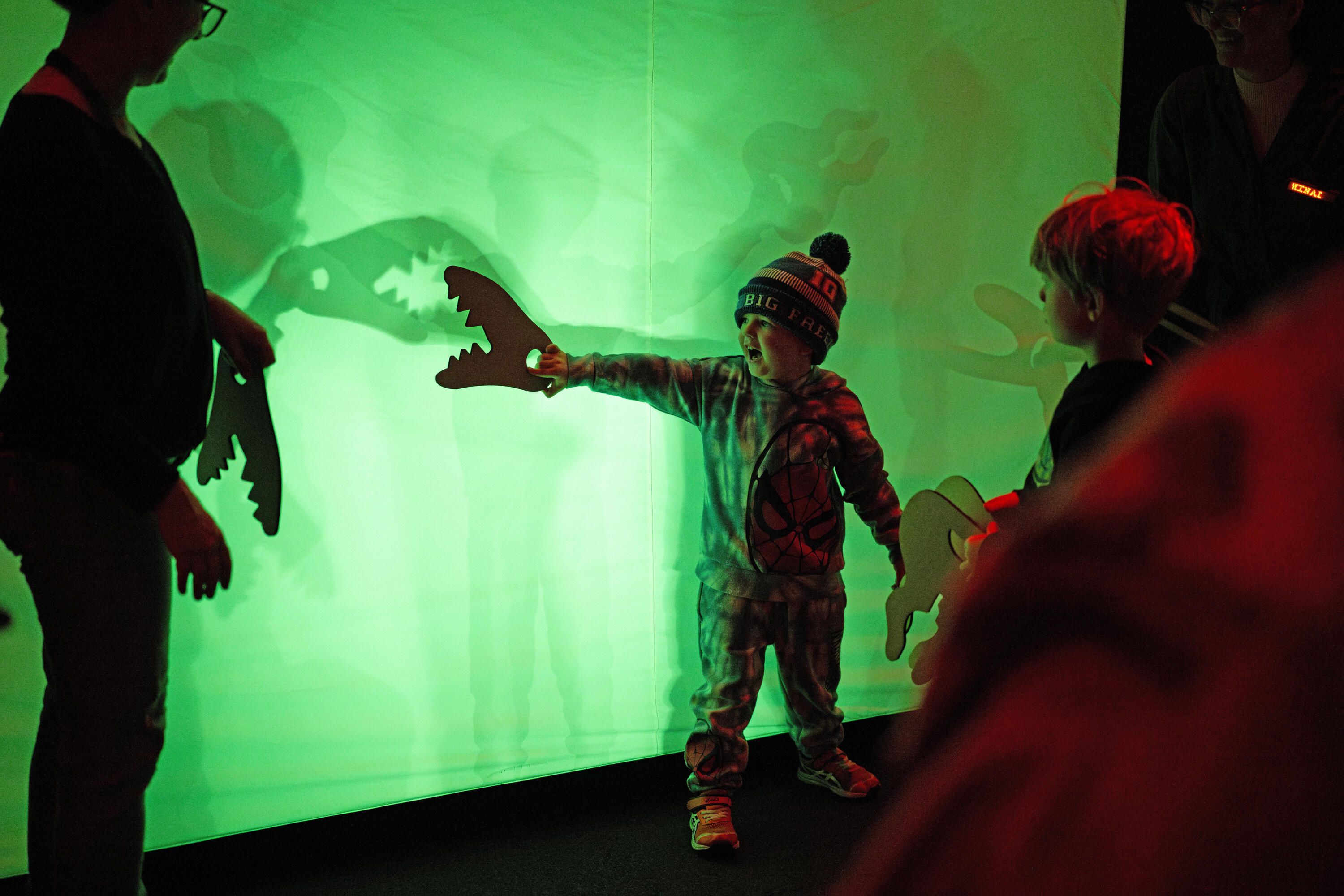 Child holding a shadow puppet in green light.