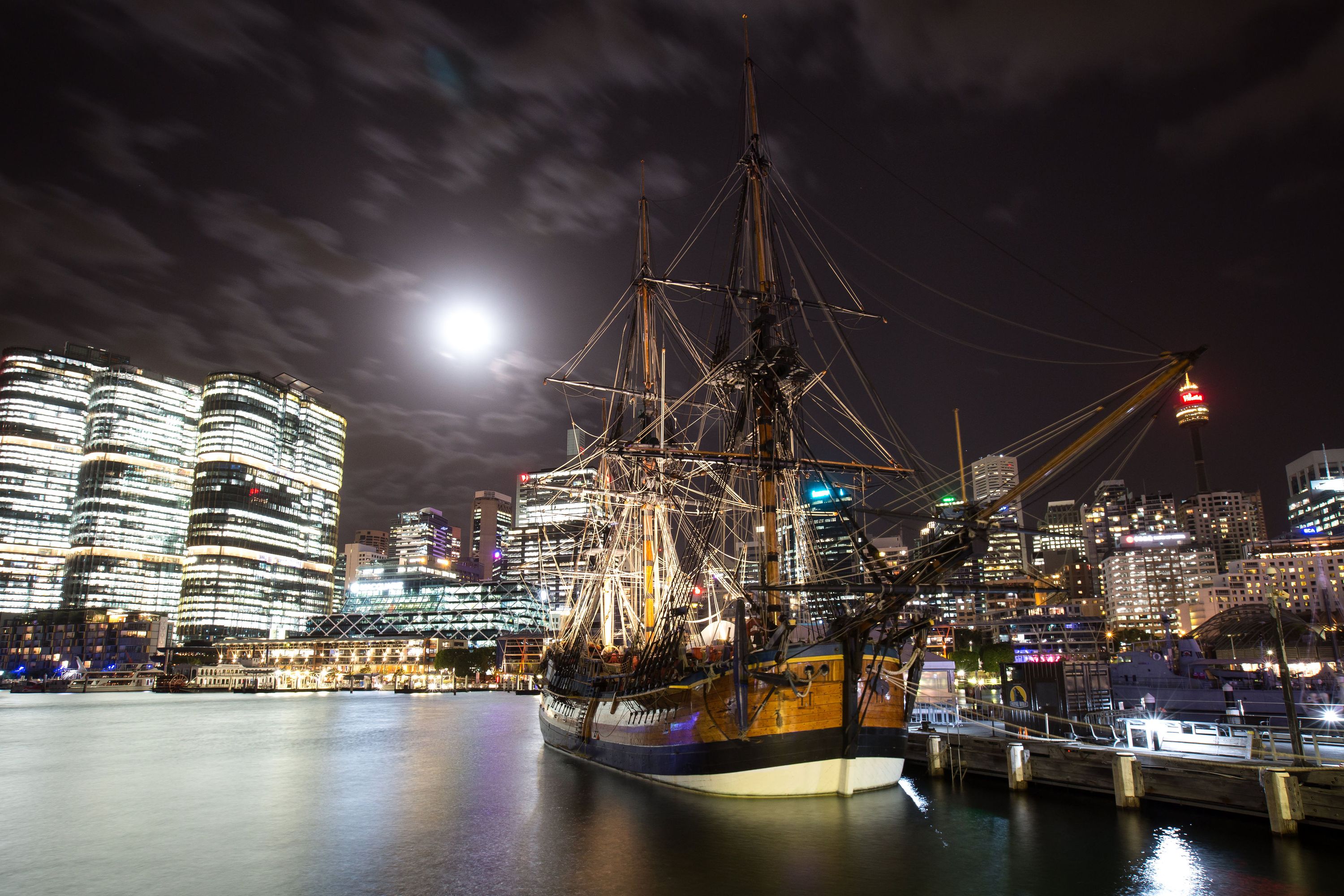 HMB ENDEAVOUR at night, 2019. City lights and Barangaroo site in background