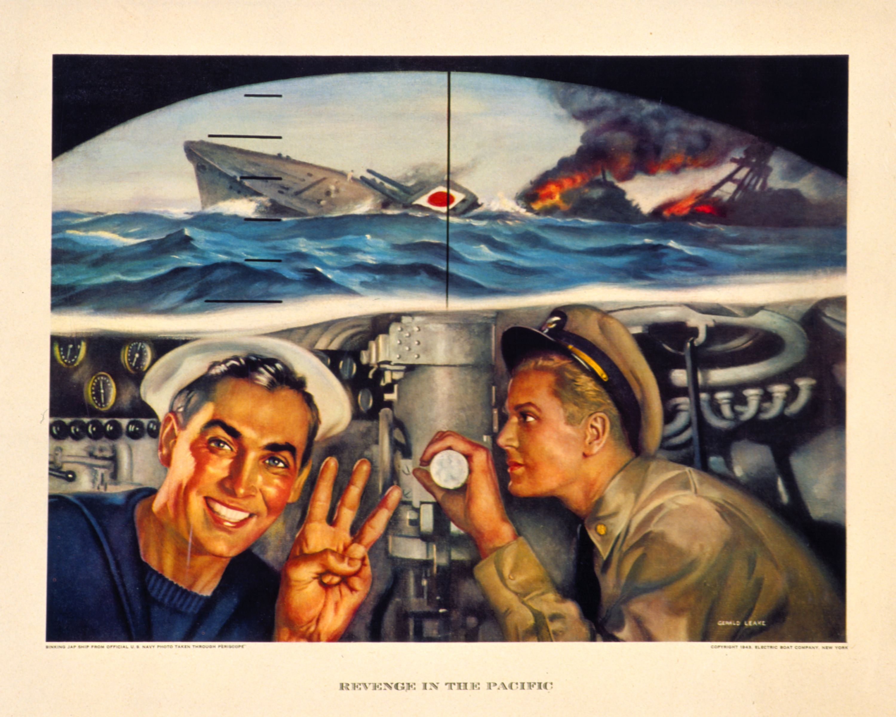 poster depicts an officer looking through the periscope at a Japanese battle ship sinking, a sailor is happy holding up three fingers