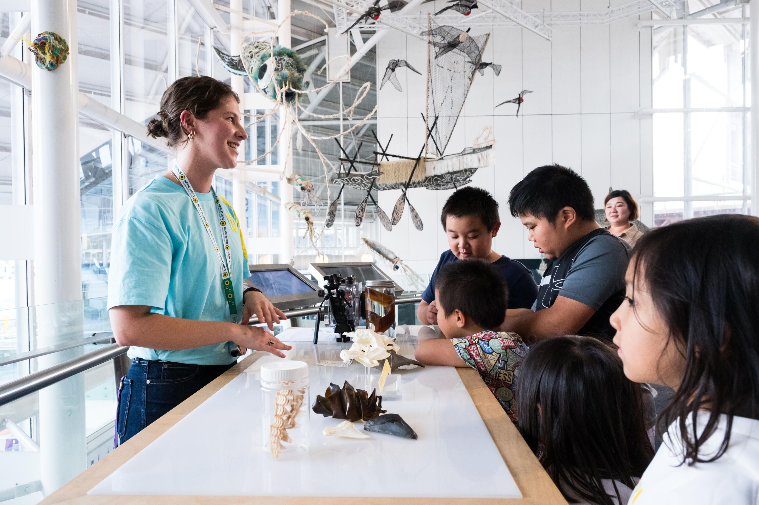 Photo of a group of children looking at a table of specimens and objects they can touch, with a museum staff member.