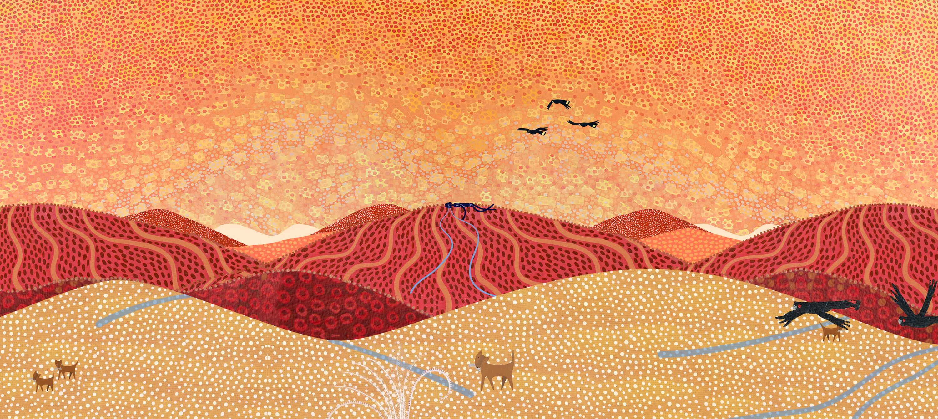 Still from an animated film. Shows red hills and yellow sand under an orange sky