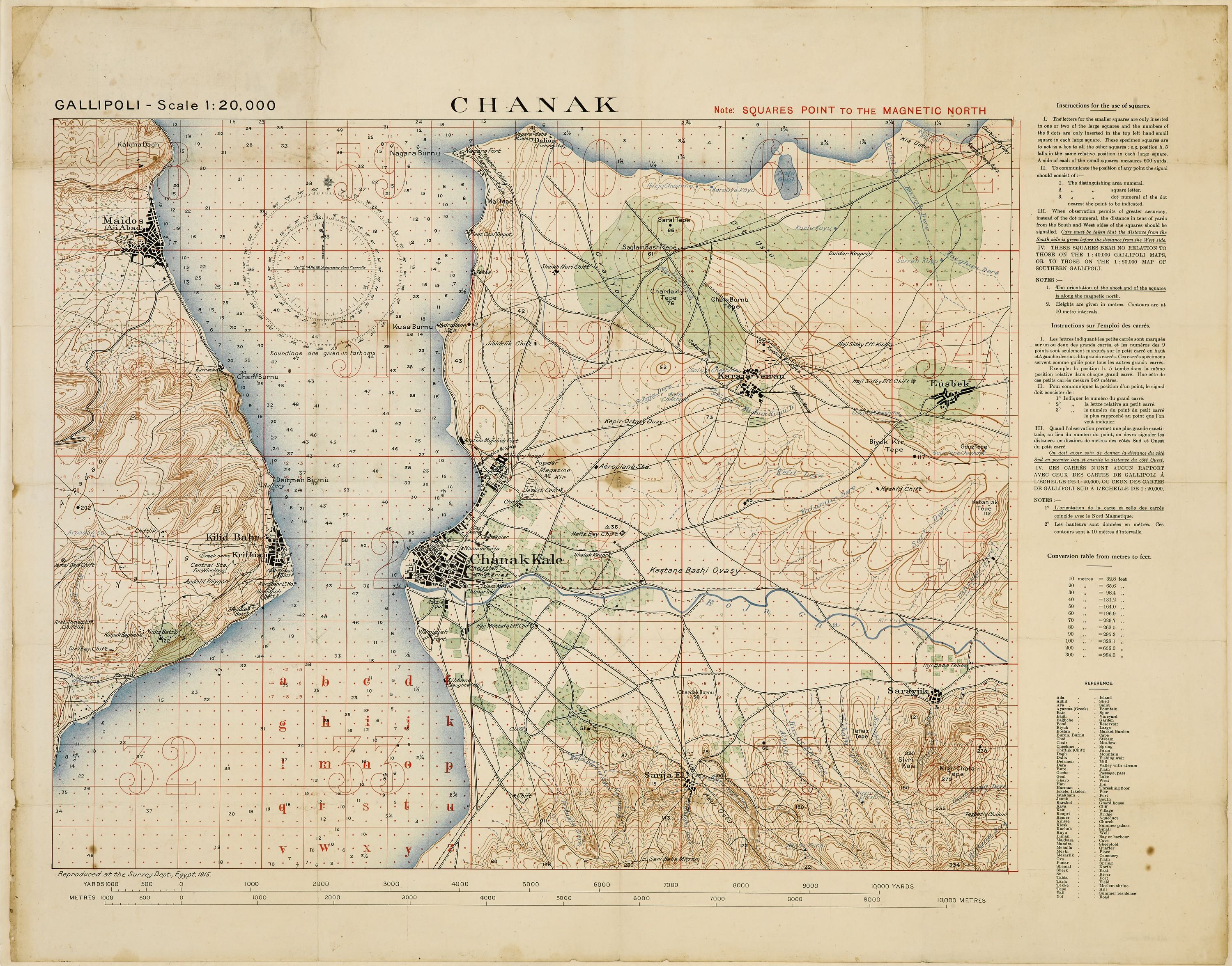 Coloured map onm yellowed paper showing a straight of water with land on both the right and left. 