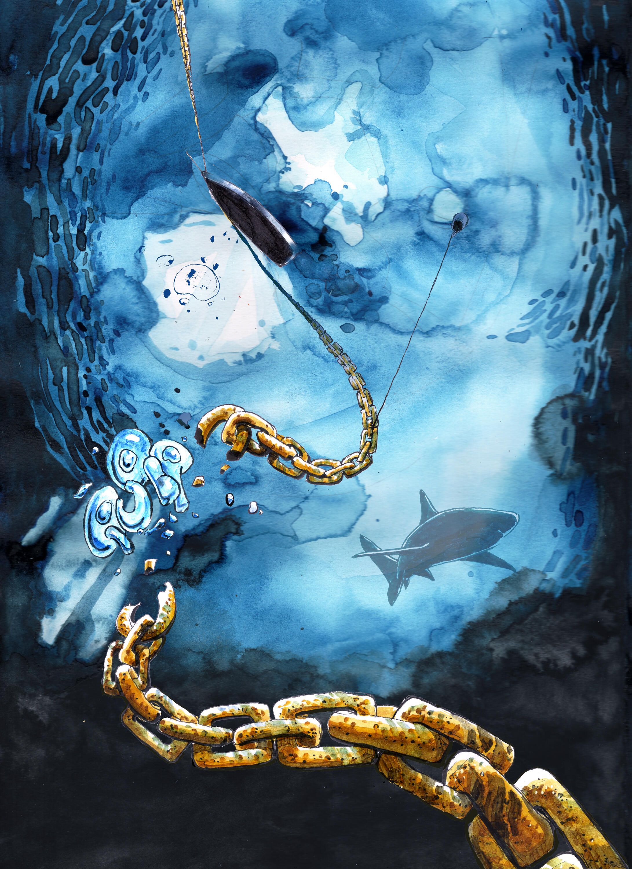 An artwork showing underwater with a chain breaking, the hull of a ship and the silhouette of a shark.