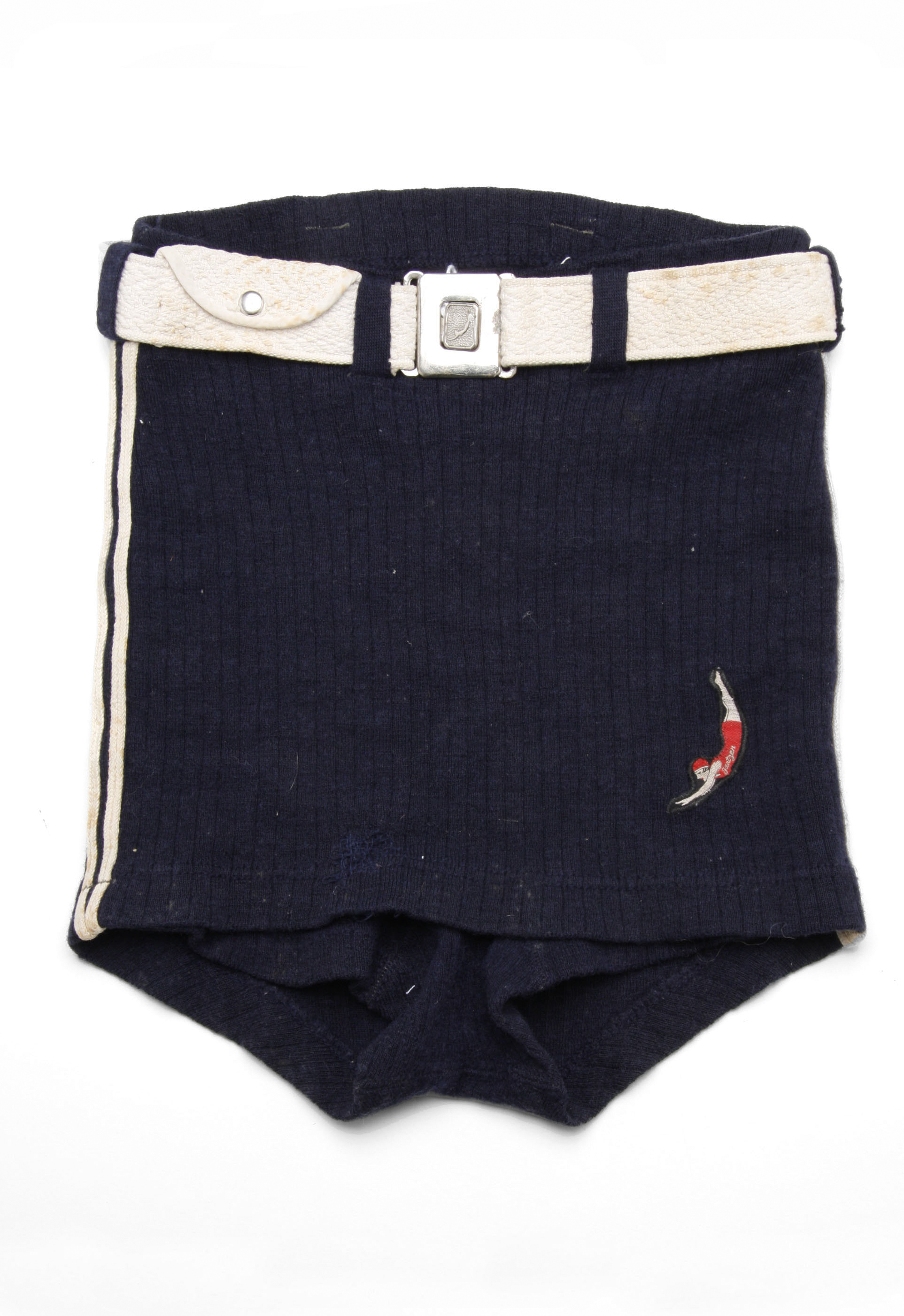 Mens woolen swimmwear trunks with white belt and white stripe.