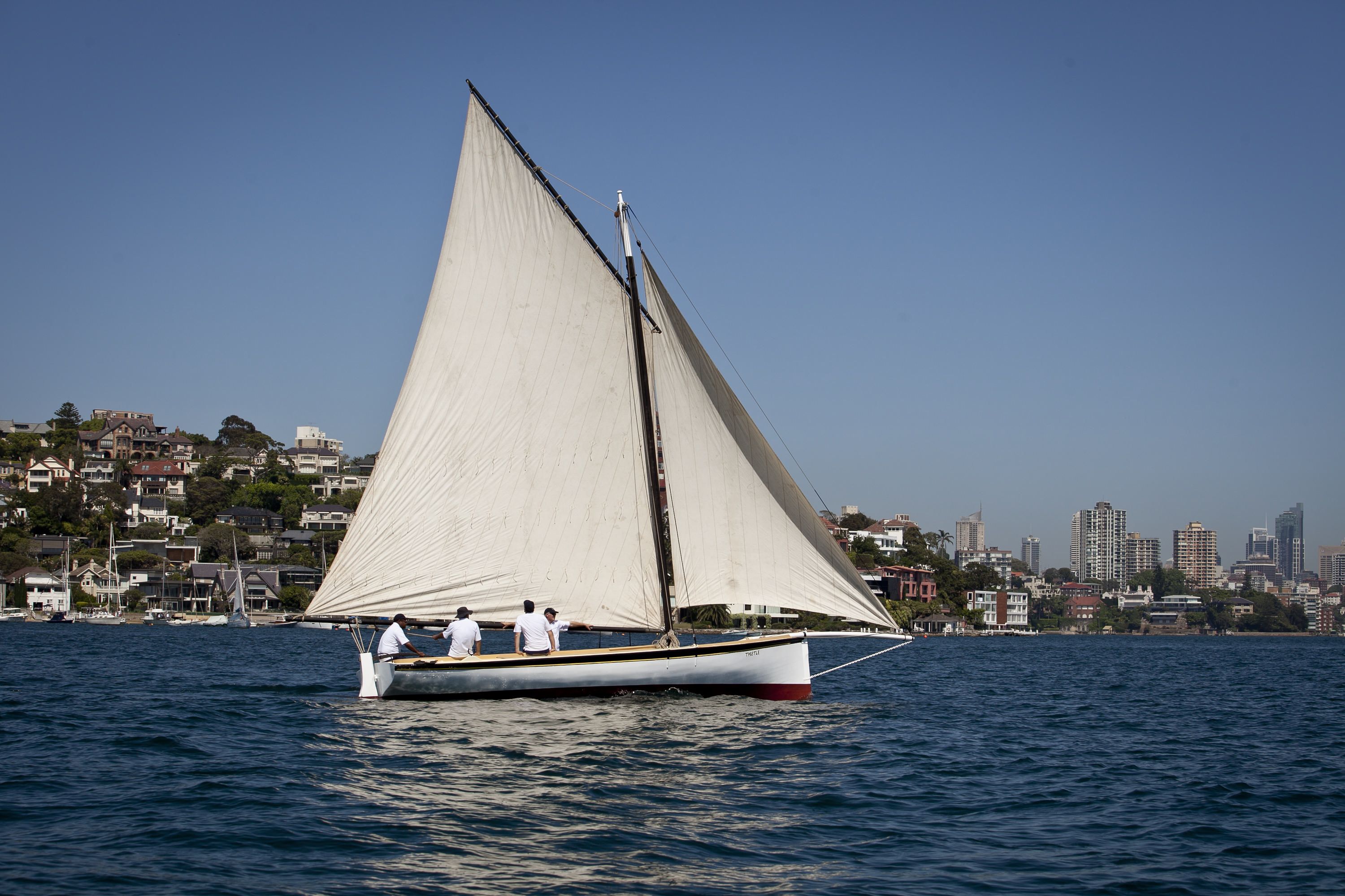 Small boat with white sails on the water.