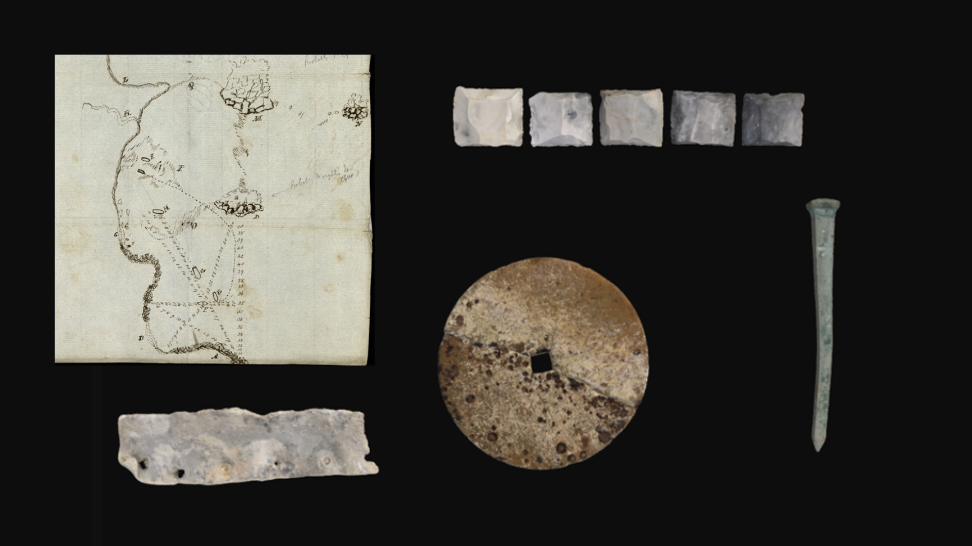 A collection of objects including the map, gunflints, tingle, whet stone and spike.