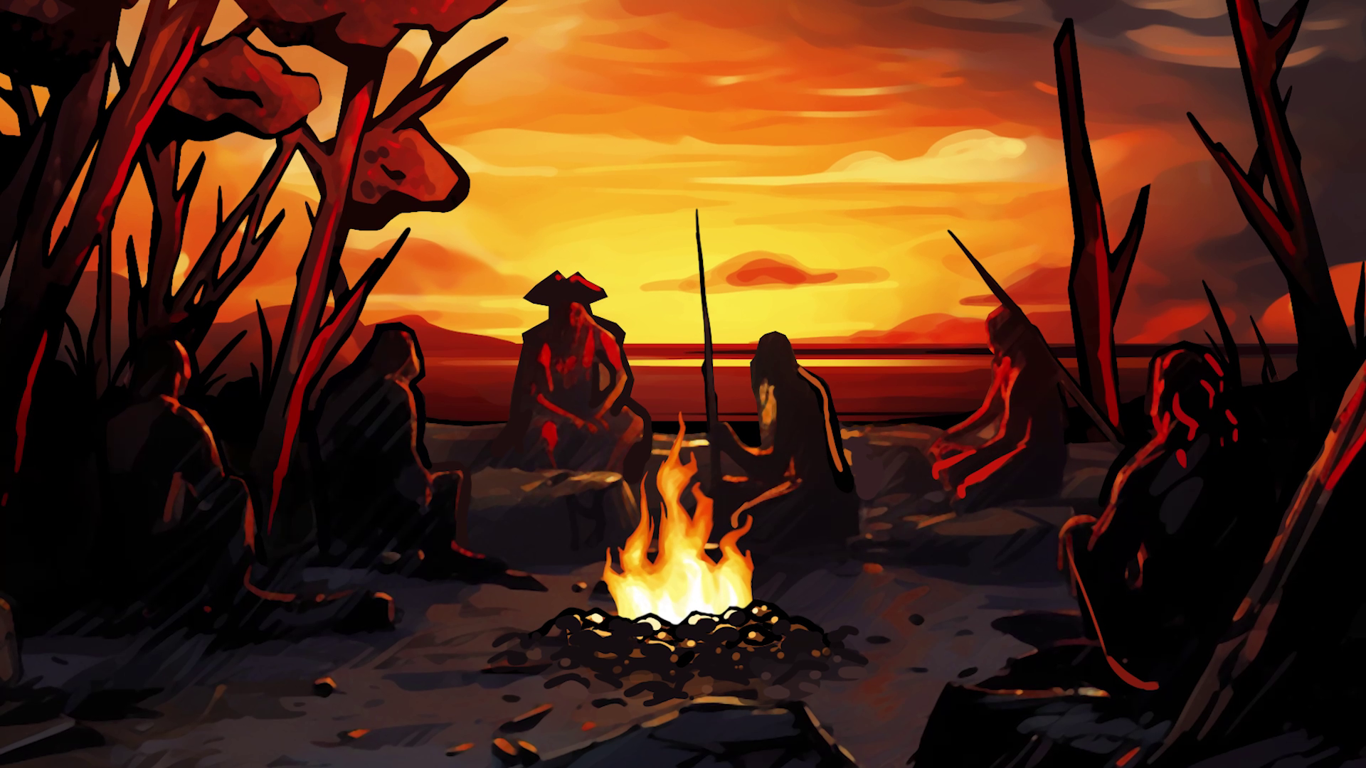 Illustration showing silhouettes of people siting around a campfire with a sunset in the background