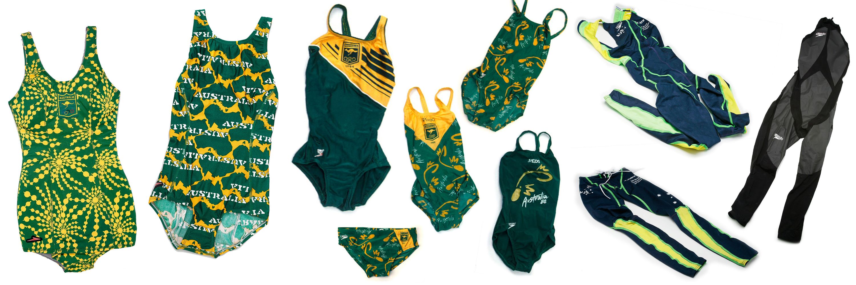 A collection of green and gold swimsuits from different eras on a white background