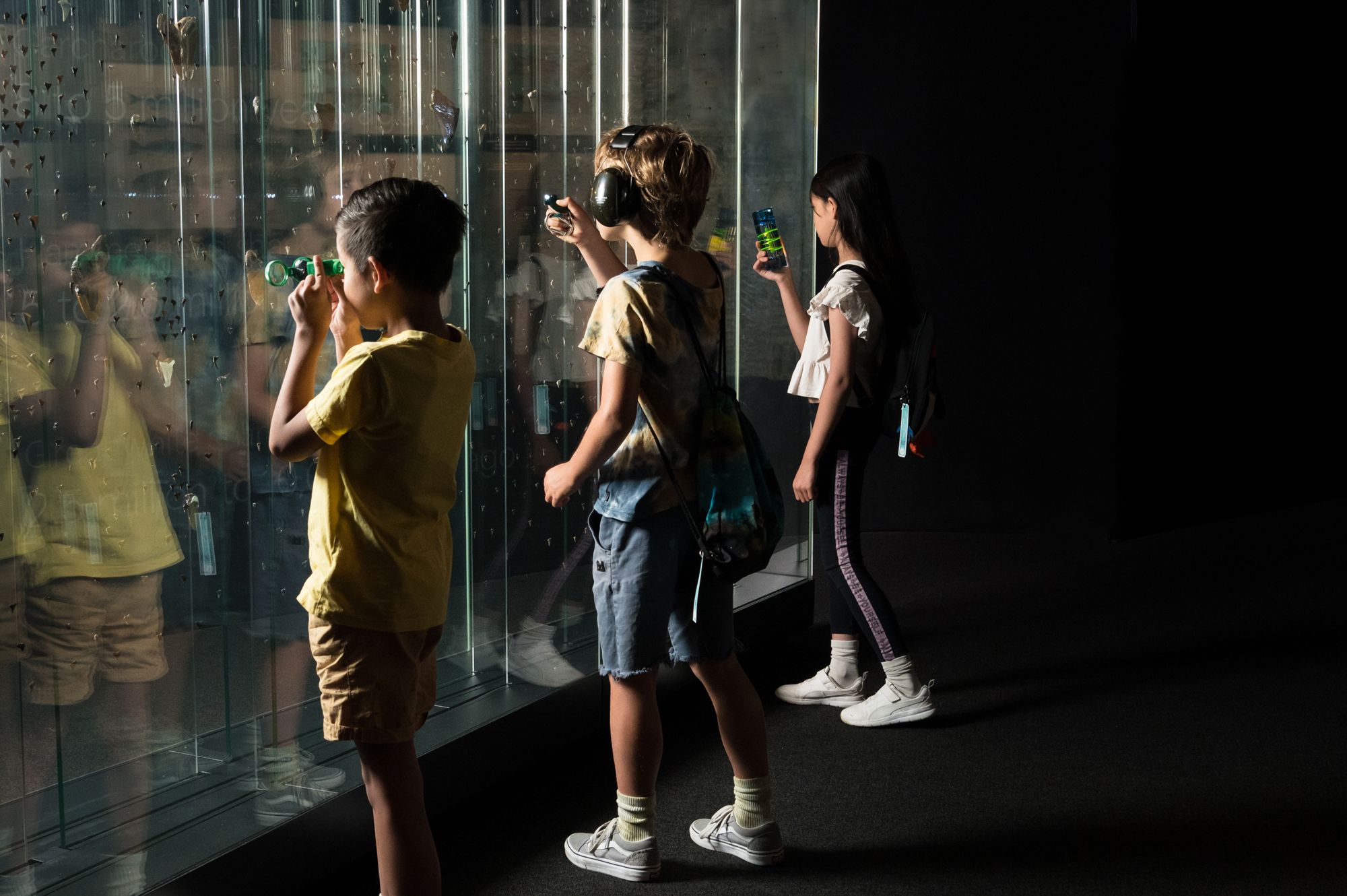 Children in a dark space looking through glass at a museum display.