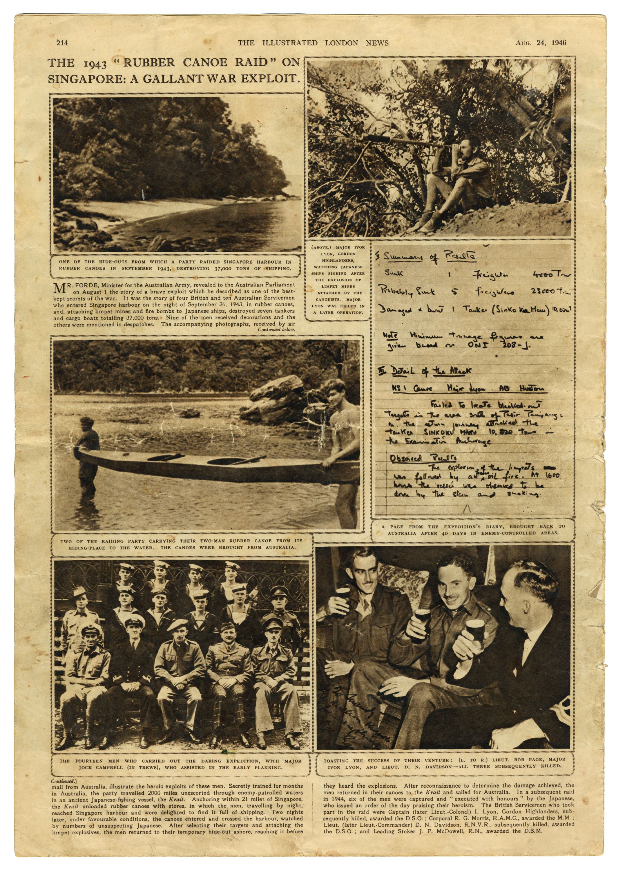 A yellowed newspaper page featuring several black and white photographs.