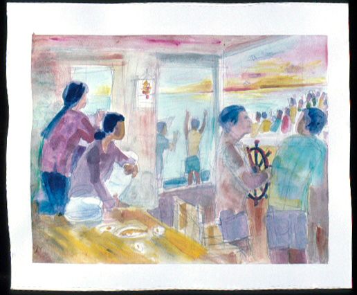 Watercolour artwork showing people inside a small boat, one on the helm (wheel) and others outside.