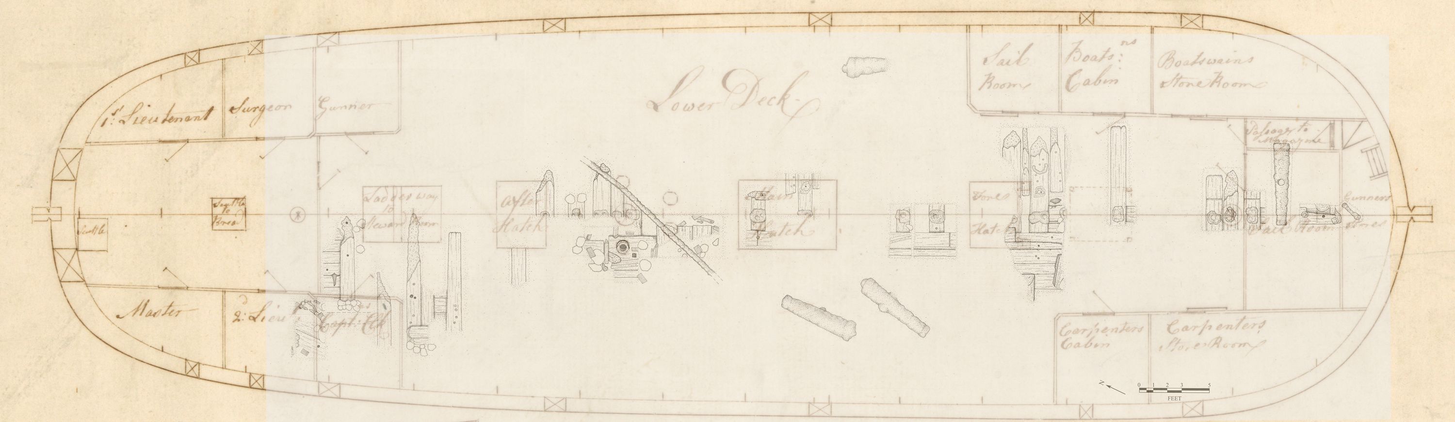 Line drawing plan of tall ship HMB Endeavour on yellowed paper