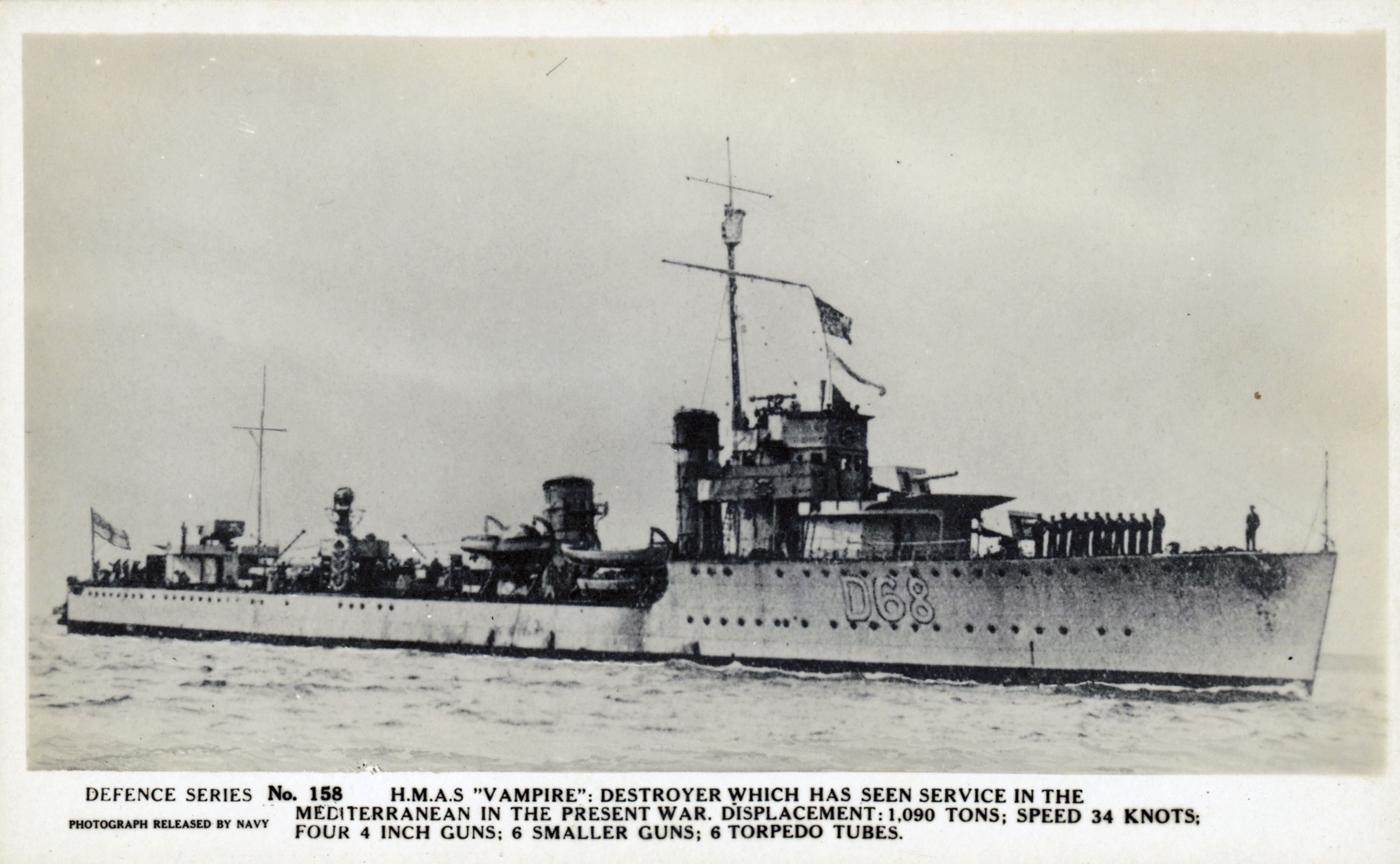 Black and white photograph of a navy ship titled 'Defence Series No. 158 - HMAS VAMPIRE