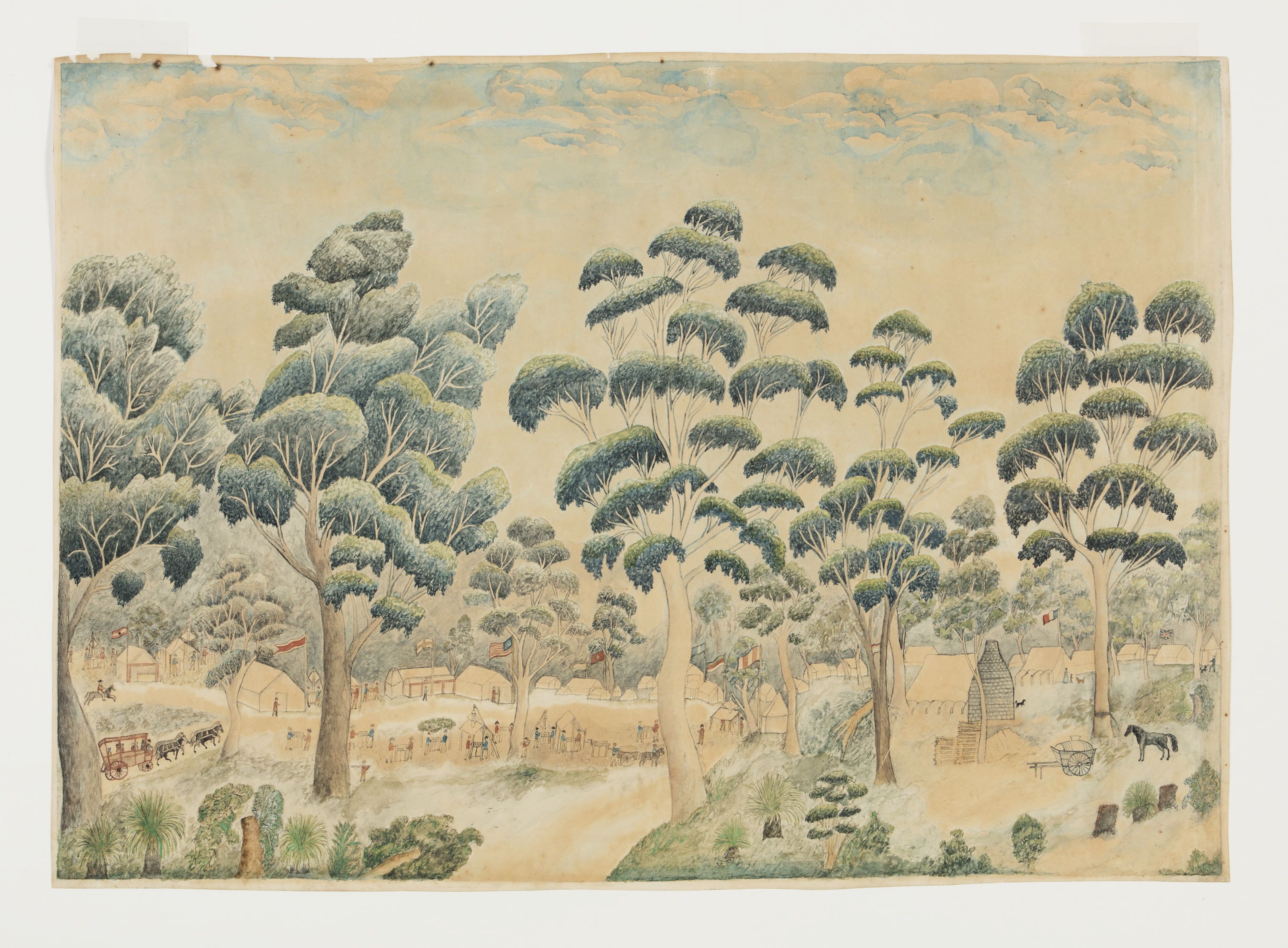 Watercolour on paper of Ballarat diggings. The scene depicts a row of tents forming a horizon and flying in total 11 different flags.