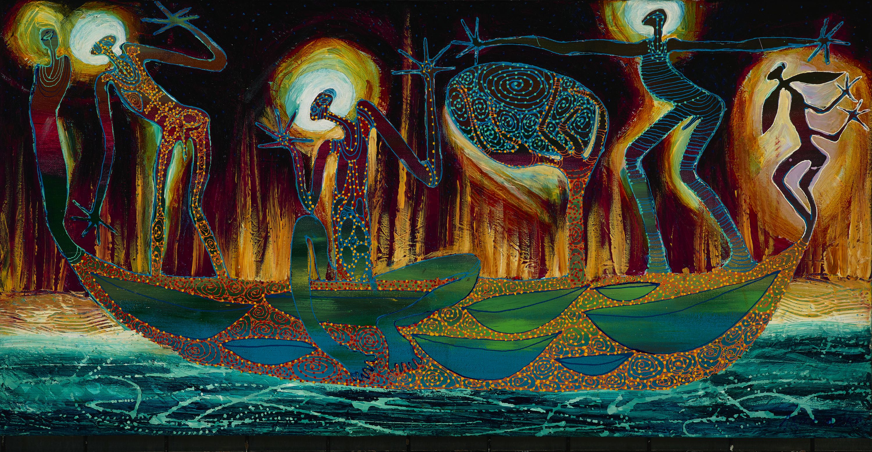 Painting depicting a canoe made of leaves, tracks and waterholes entering a mangrove at sun set. From the canoe emerge six spiritual figures which limbs are part of the canoe.