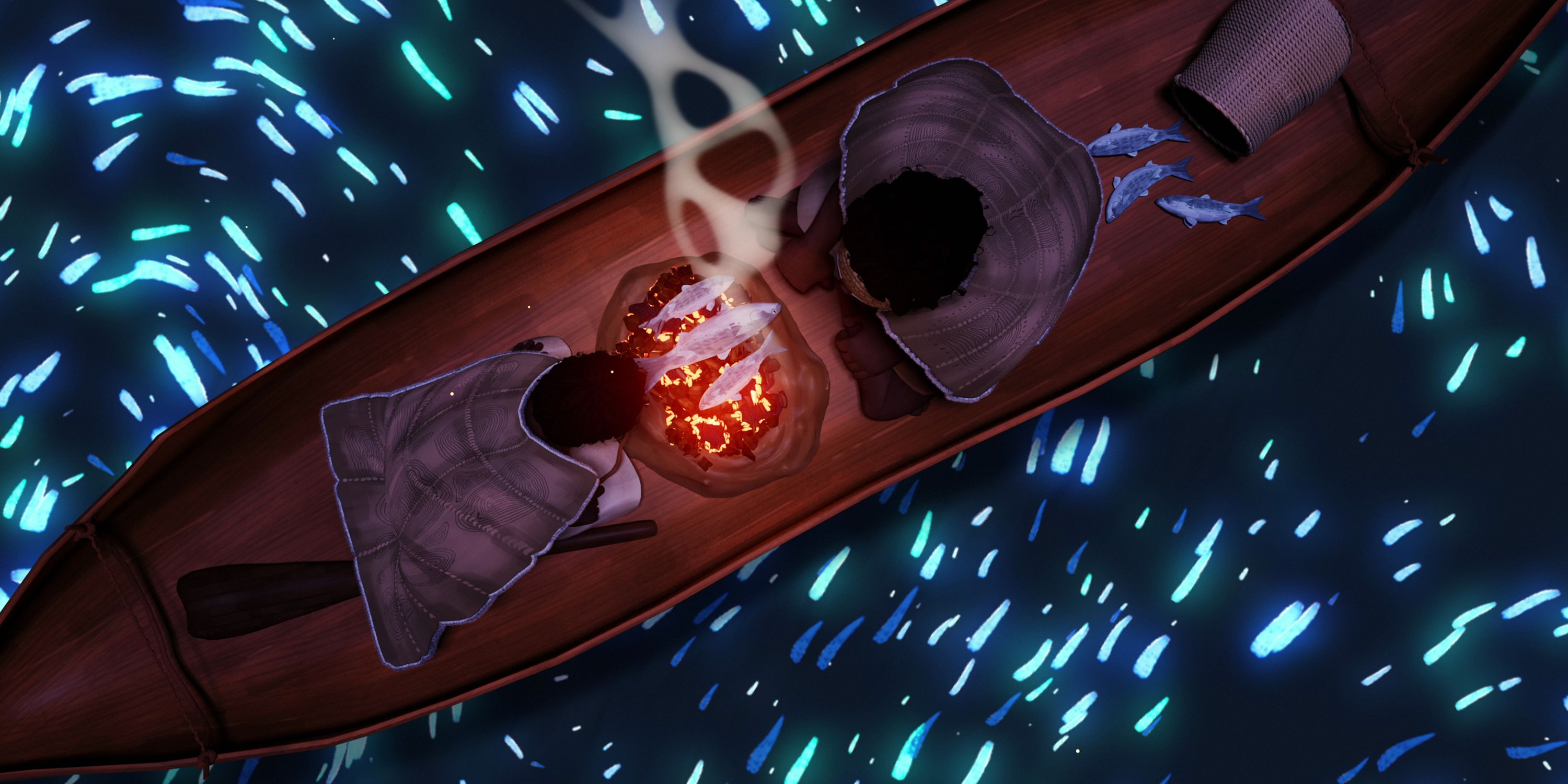 Still from animation, an overhead shot showing an Aboriginal boy and his mother cooking 3 fish using a small fire in their Nawi (bark canoe)