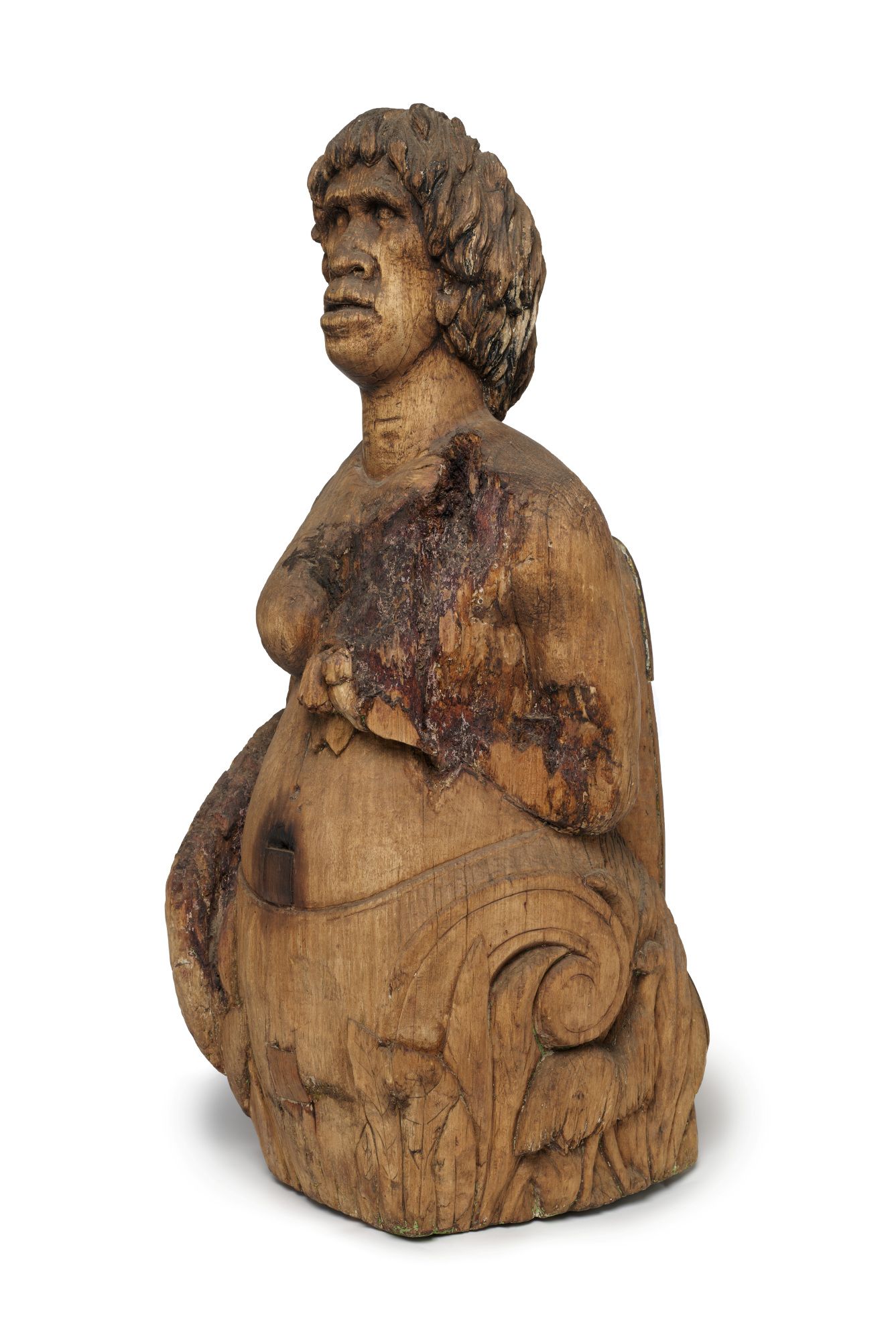 Figurehead representing a First Nations woman with native Australian floral motifs and reliefs of an emu and a kangaroo at its base.