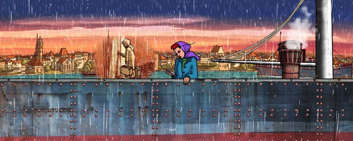 Illistration of a woman with a purple head scarf with a city behind her. 