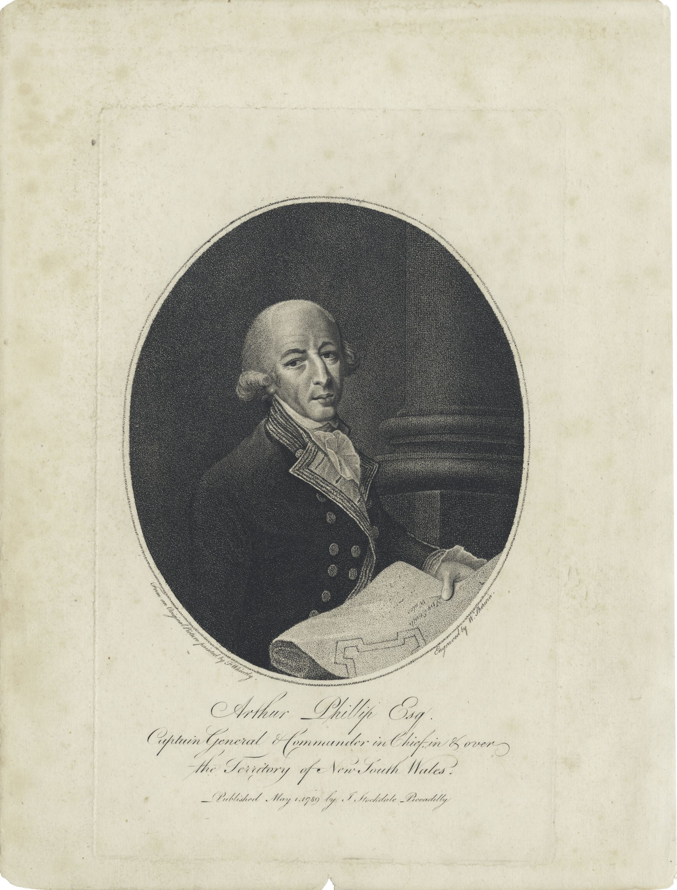 Black and white oval shaped engraving depicting a man holding a scroll in his left hand 