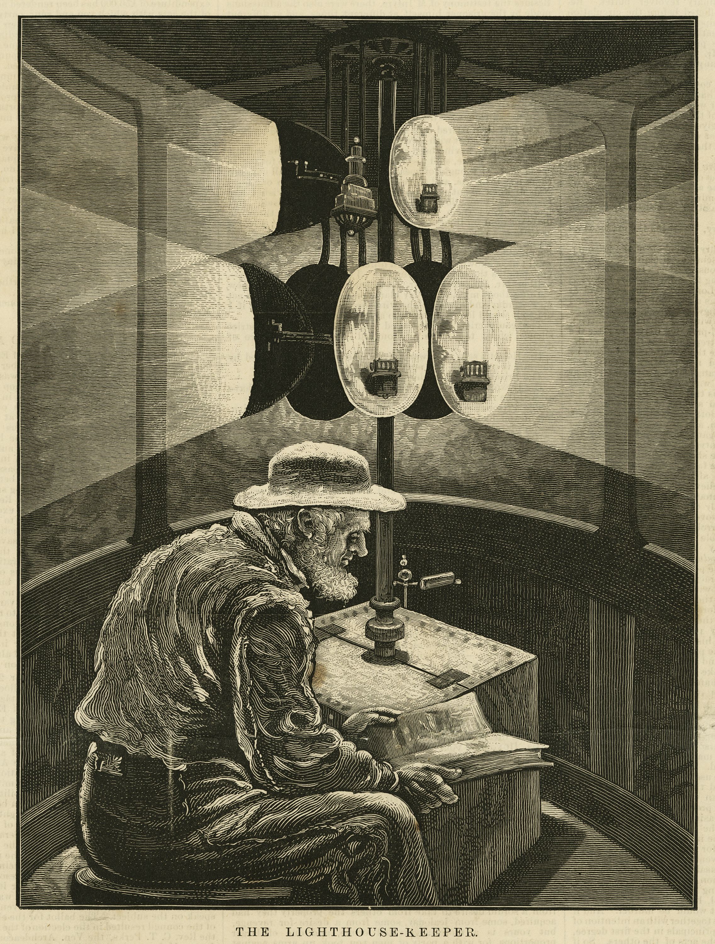 An engraving depicting a lighthouse keeper reading by the light of the lamp. 