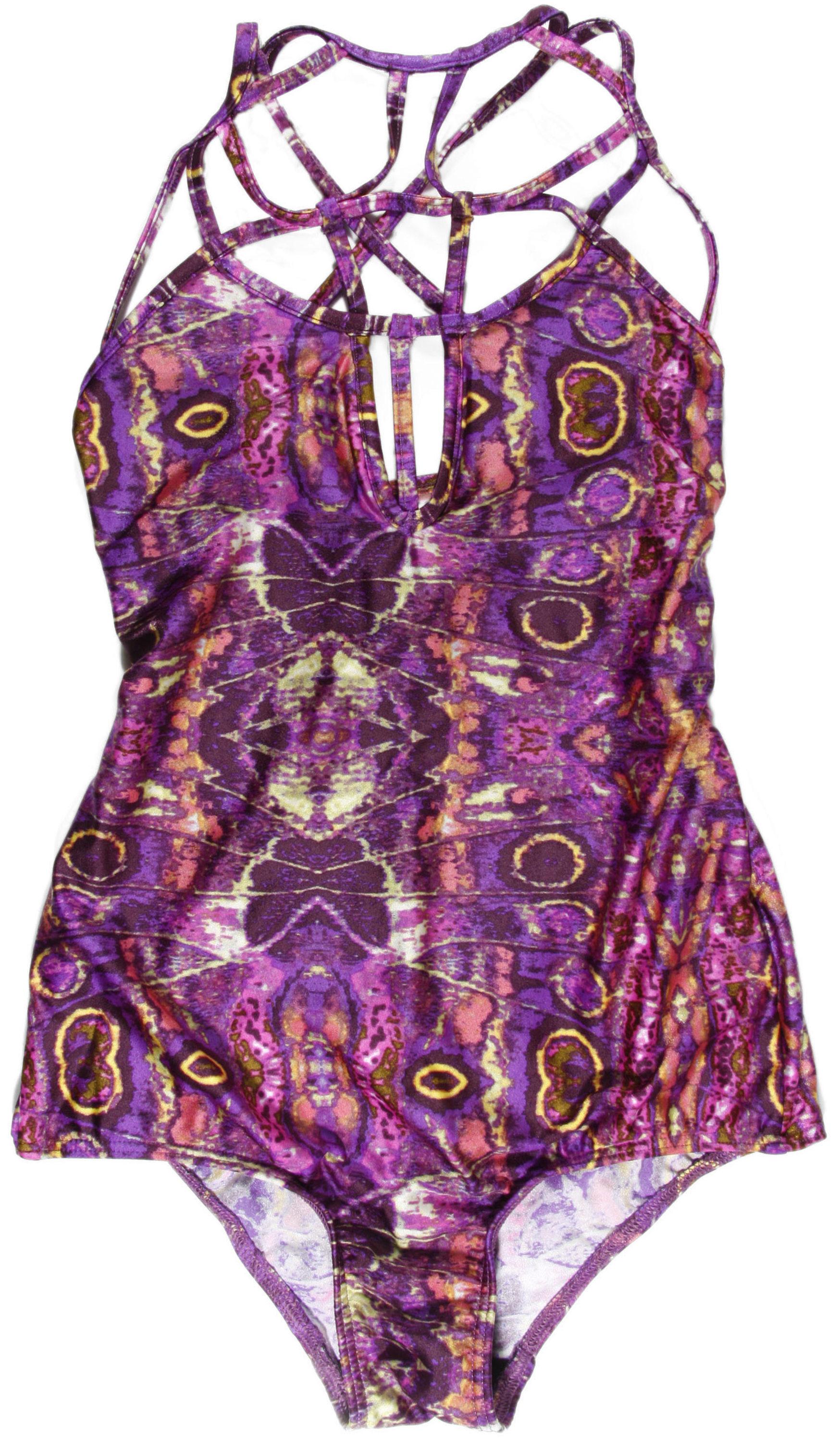 One peice modern swimsuit with a purple and pink butterfly pattern.