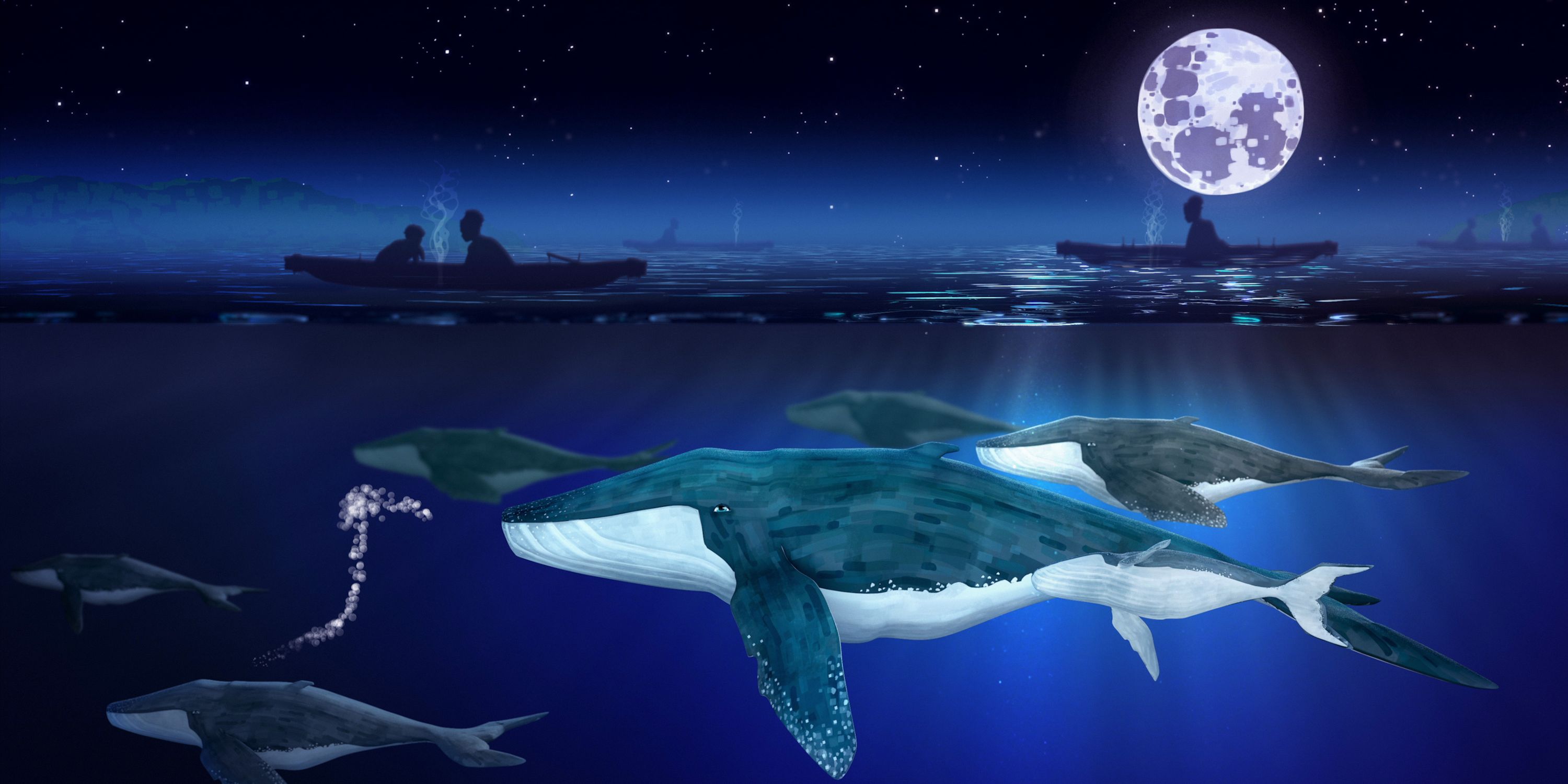 Still from animation, many whales swim underwater, with 4 Nawi (canoes) silhouetted by the moon, floating on the water.
